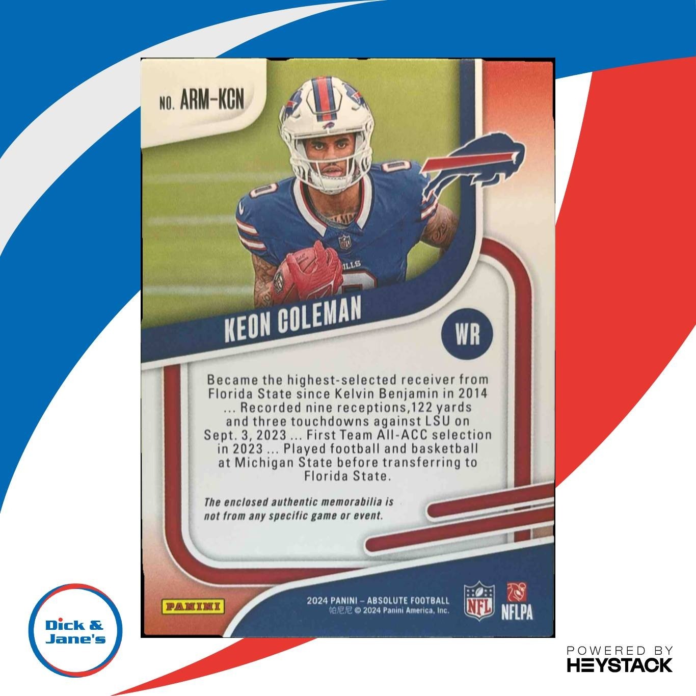2024 Panini Absolute Keon Coleman Rookie Materials #ARM-KCN MEM RC Buffalo Bills - Sports Cards
