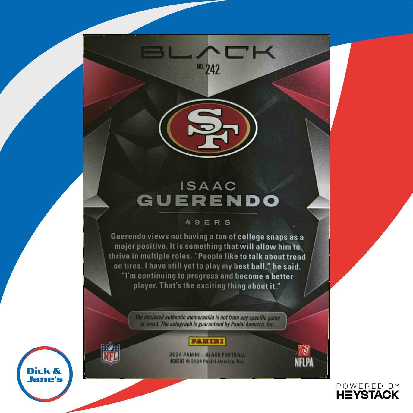 2024 Panini Black Isaac Guerendo Rookie Patch Auto Citrine 45/50 #242 RC 49ers - Sports Cards
