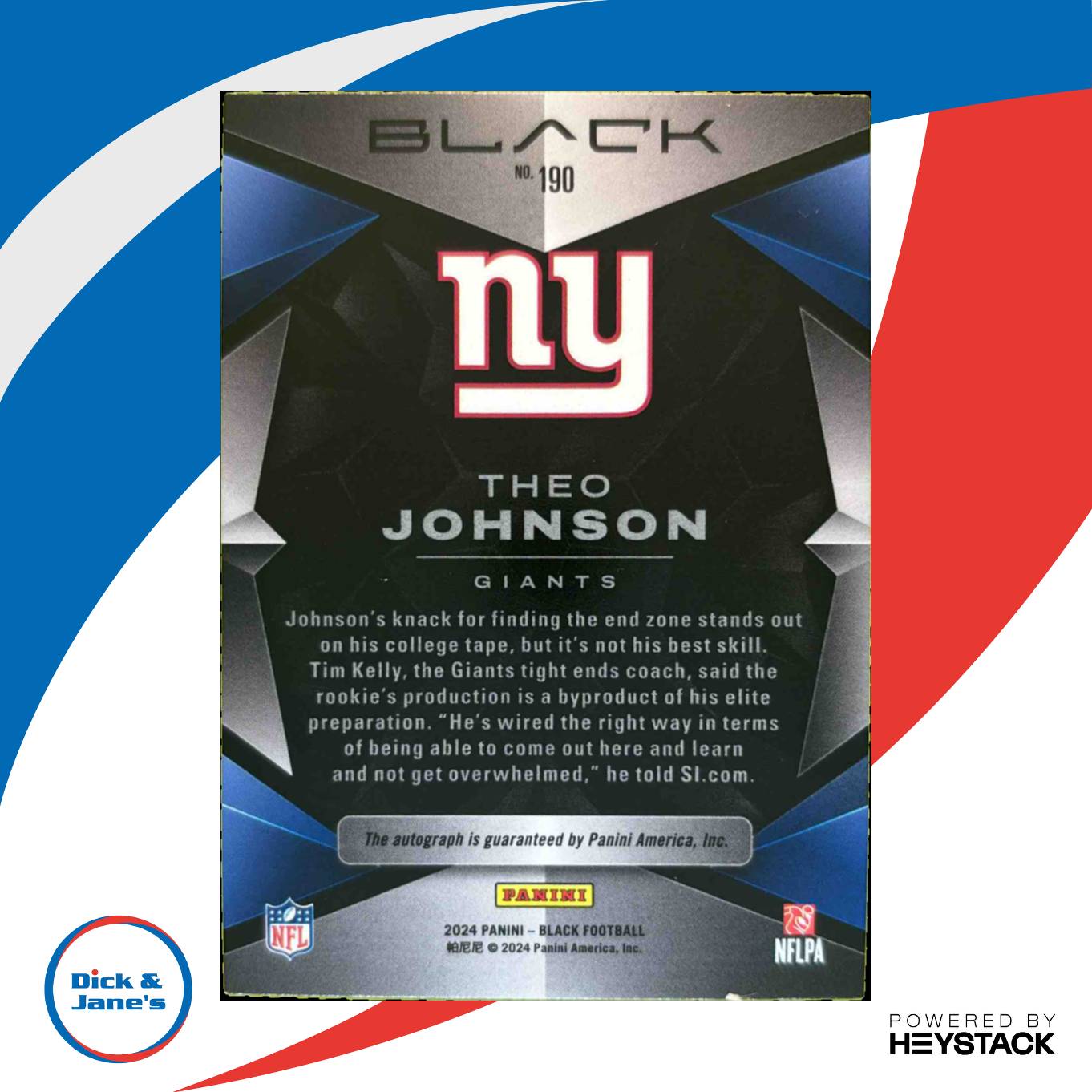 2024 Panini Black Theo Johnson Rookie Auto 25/199 #190 RC New York Giants - Sports Cards