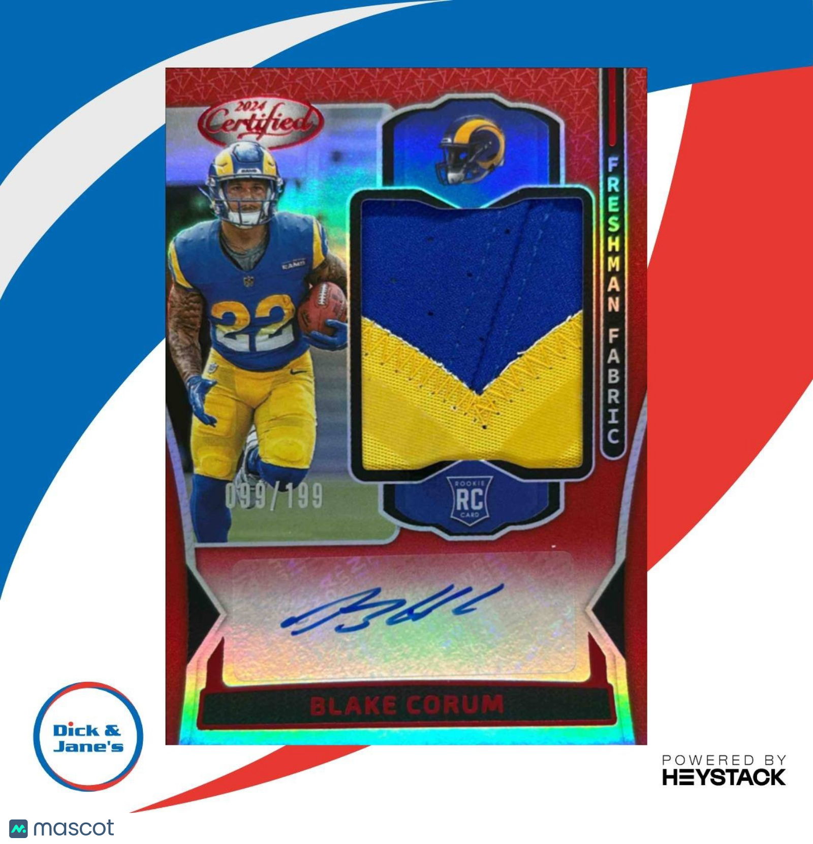 2024 Panini Certified Blake Corum Freshman Fabric Mirror Signature Red /199 Rams - Sports Cards