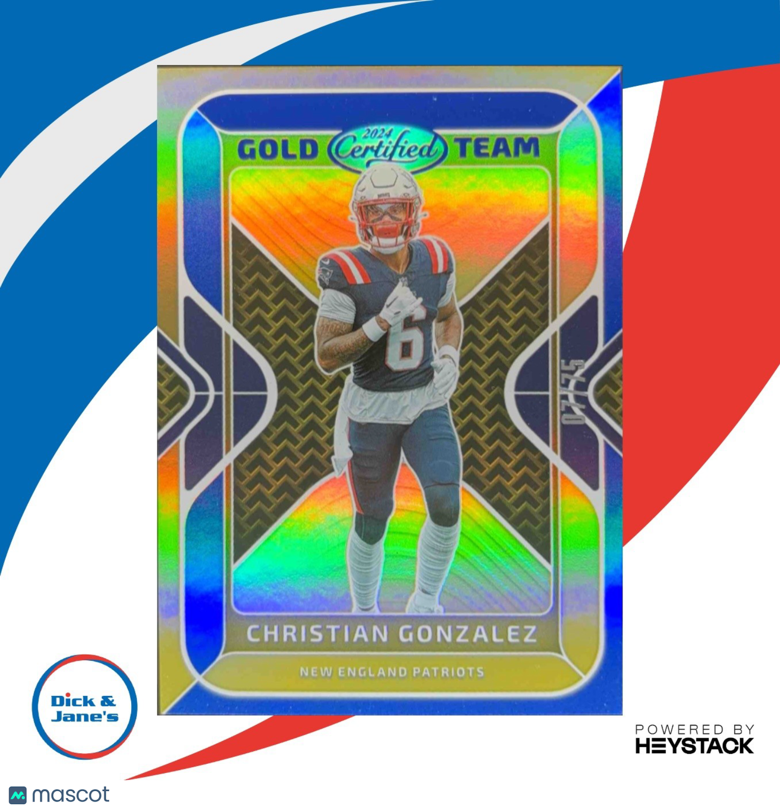 2024 Panini Certified Christian Gonzalez Gold Team Blue Mirror 7/75 Patriots - Sports Cards
