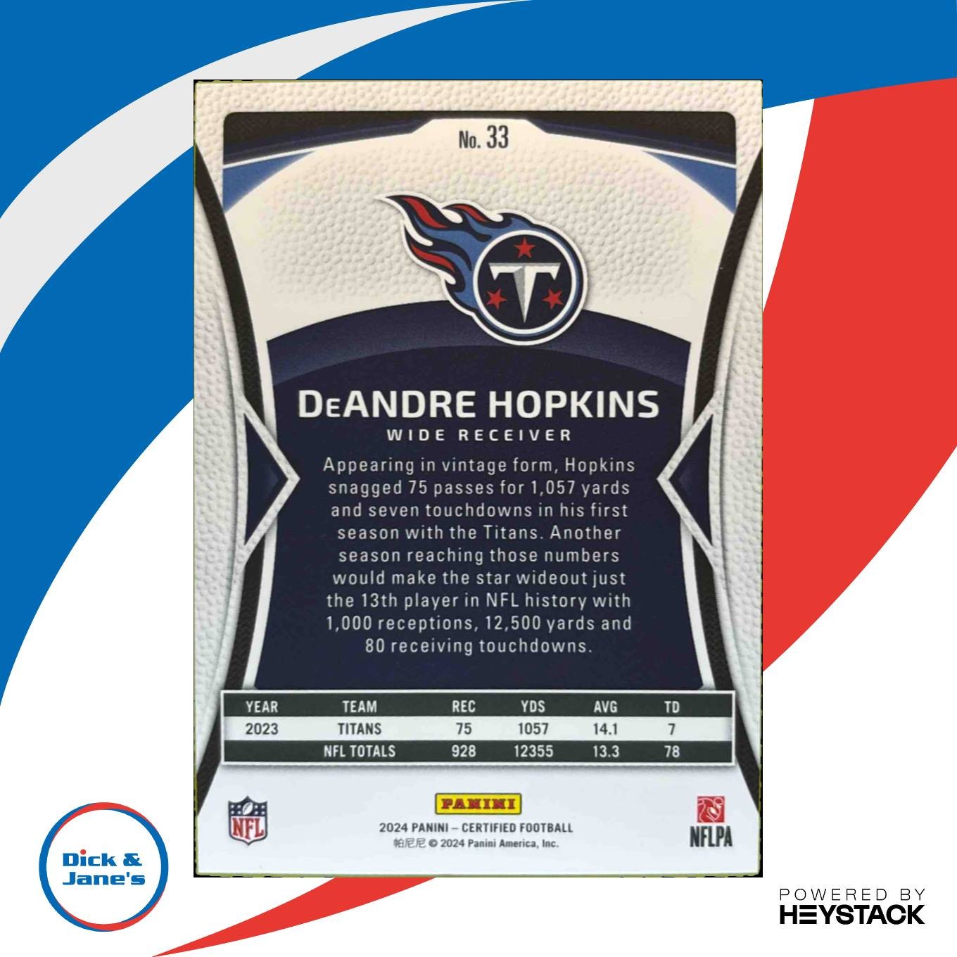 2024 Panini Certified DeAndre Hopkins Purple Mirror FOTL /10 #33 Tennessee Titan - Sports Cards