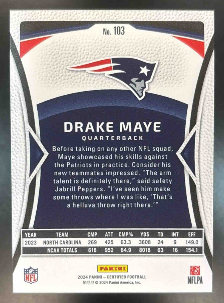 2024 Panini Certified Drake Maye Rookies Bronze /275 #103 RC New England Patriot - Sports Cards