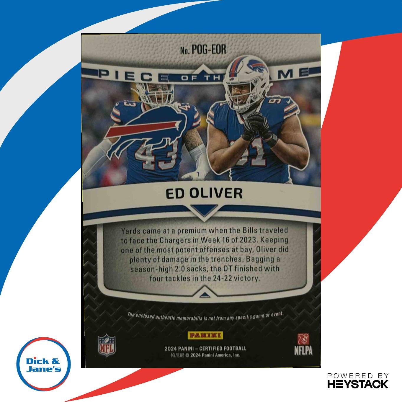 2024 Panini Certified Ed Oliver Piece of the Game 86/249 MEM Buffalo Bills - Sports Cards