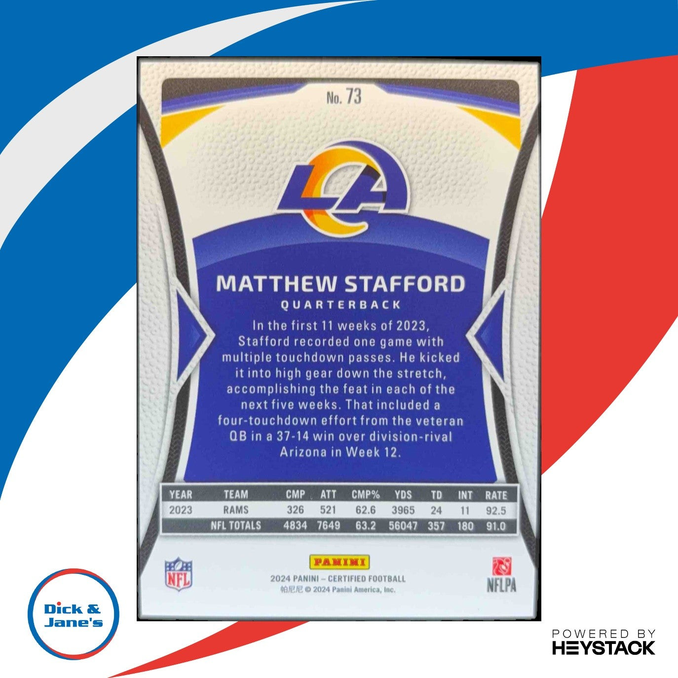 2024 Panini Certified Matthew Stafford Red Mirror 6/100 #73 Los Angeles Rams - Sports Cards