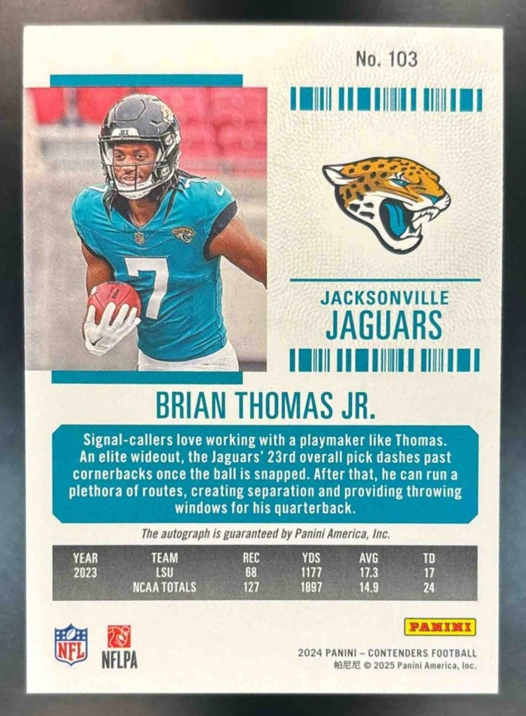 2024 Panini Contenders Brian Thomas Jr. Rookie Ticket RPS Auto #103 RC Jaguars - Sports Cards