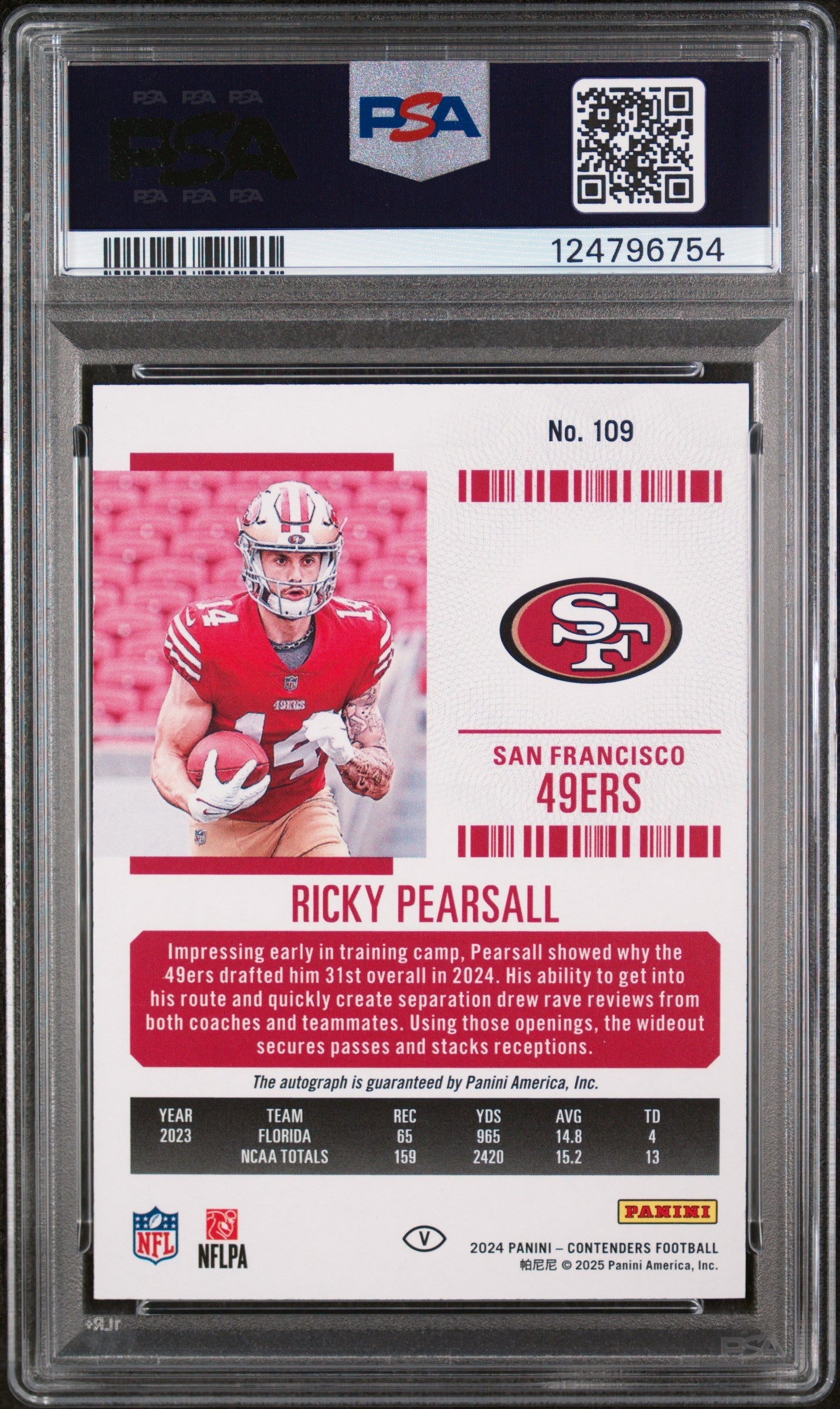 2024 Panini Contenders Ricky Pearsall Var Auto Week 18 Ticket 12/18 #109 PSA 9 - Graded Sports Cards