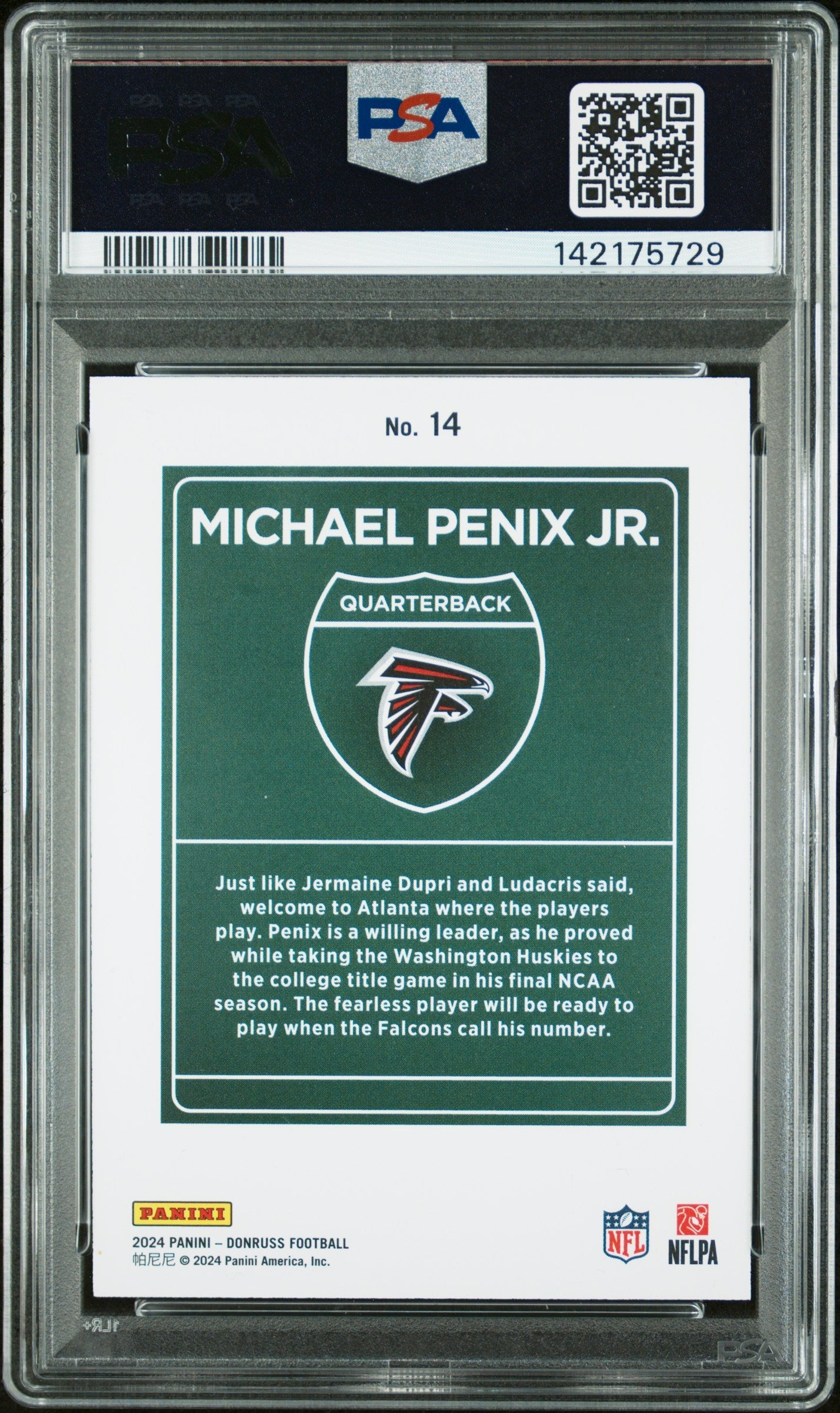 2024 Panini Donruss Downtown! Michael Penix JR. Rookie #14 PSA 9 MINT Falcons - Graded Sports Cards