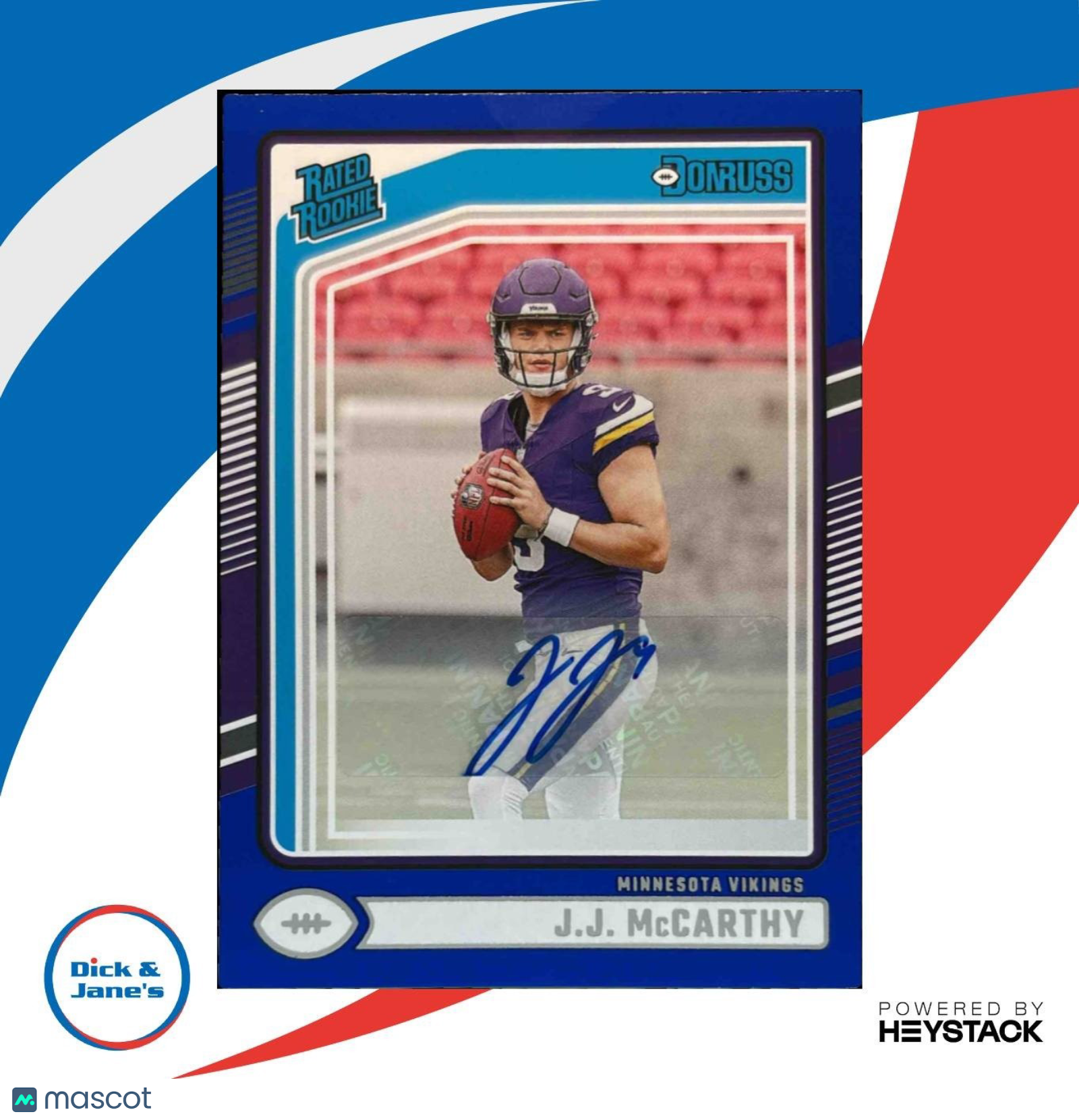 2024 Panini Donruss J.J. McCarthy Rated Rookie Auto Blue #303 Minnesota Vikings - Sports Cards
