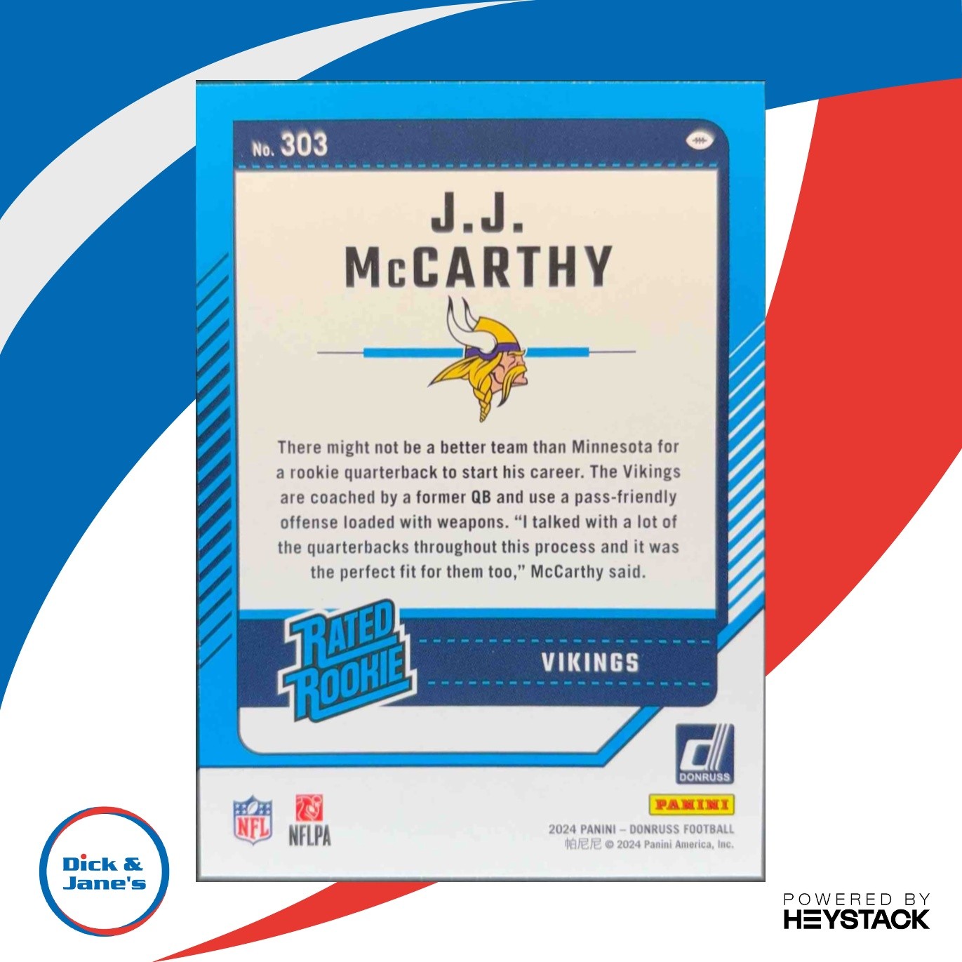 2024 Panini Donruss JJ McCarthy Press Proof Green Rated Rookie Minnesota Vikings - Sports Cards