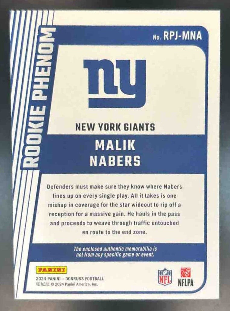 2024 Panini Donruss Malik Nabers Rookie Phenom Jerseys MEM RC New York Giants - Sports Cards