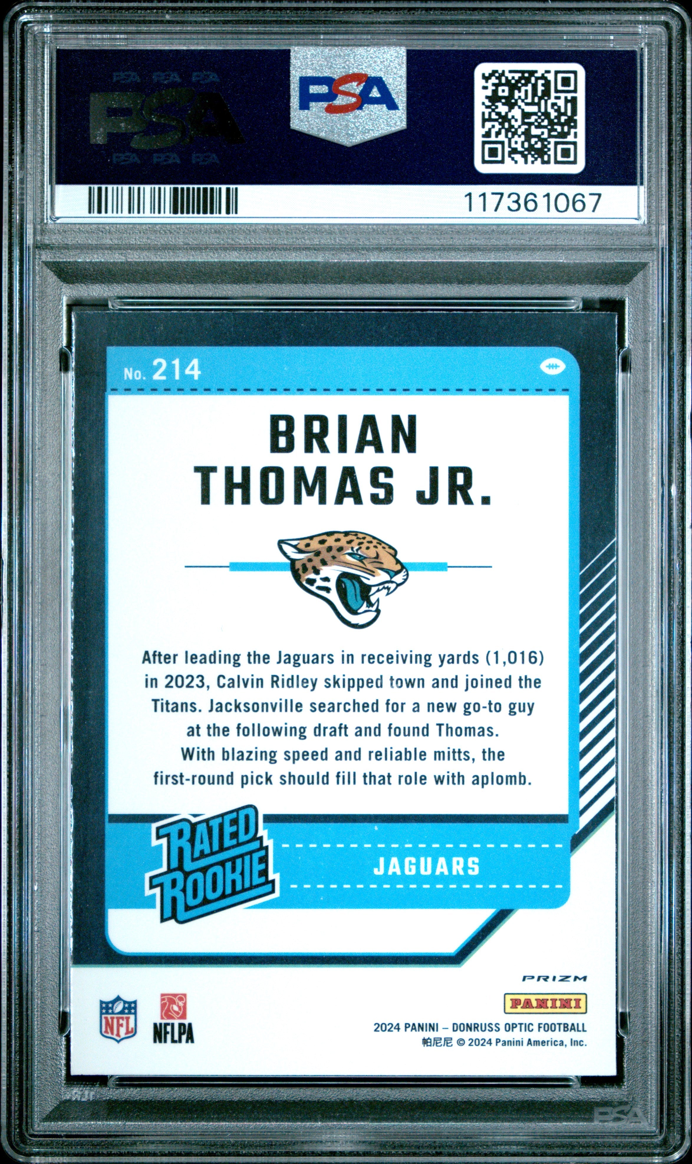 2024 Panini Donruss Optic Brian Thomas JR. Blue Glitter #214 PSA 10 - Graded Sports Cards