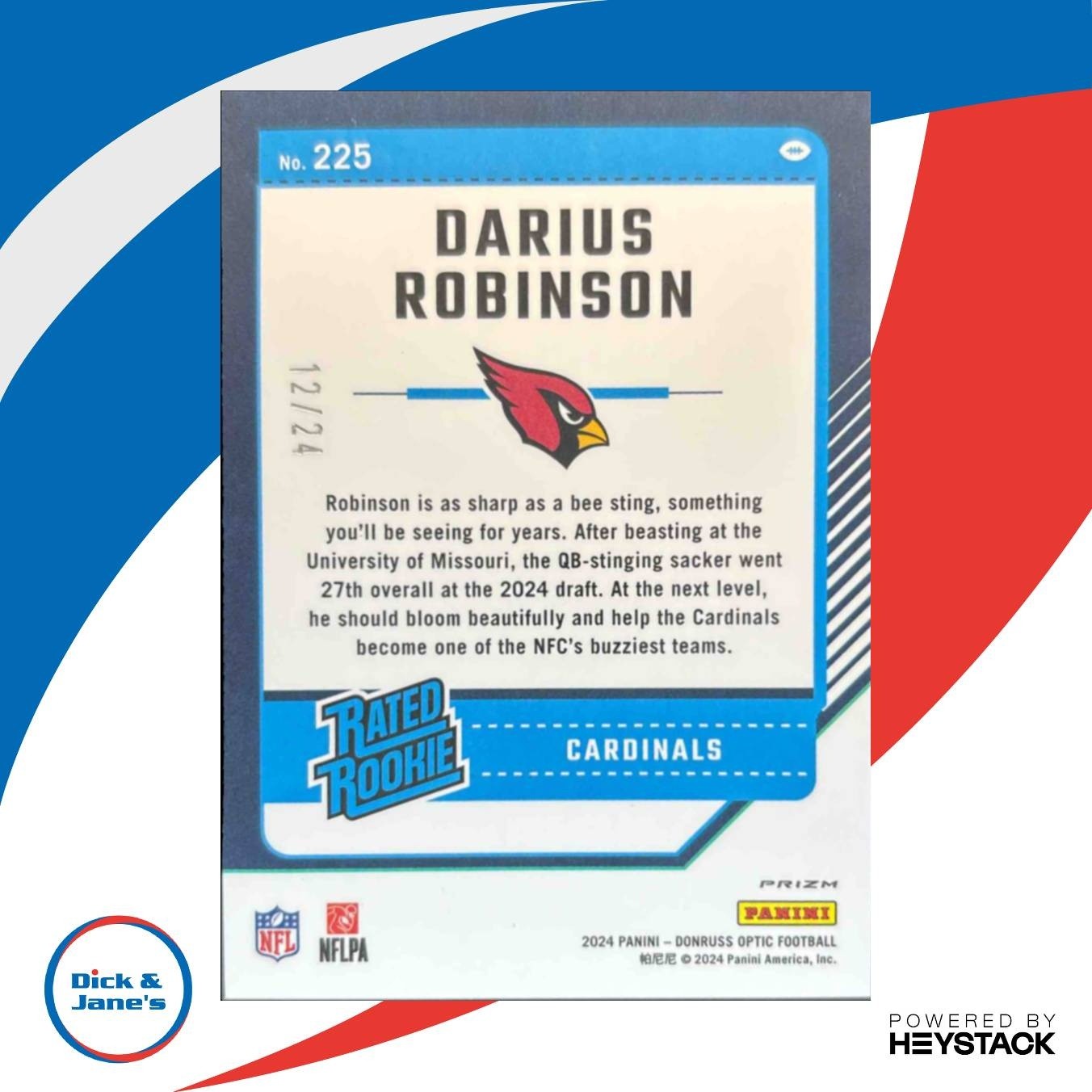 2024 Panini Donruss Optic Darius Robinson Dragon 12/24 #225 Arizona Cardinals - Sports Cards