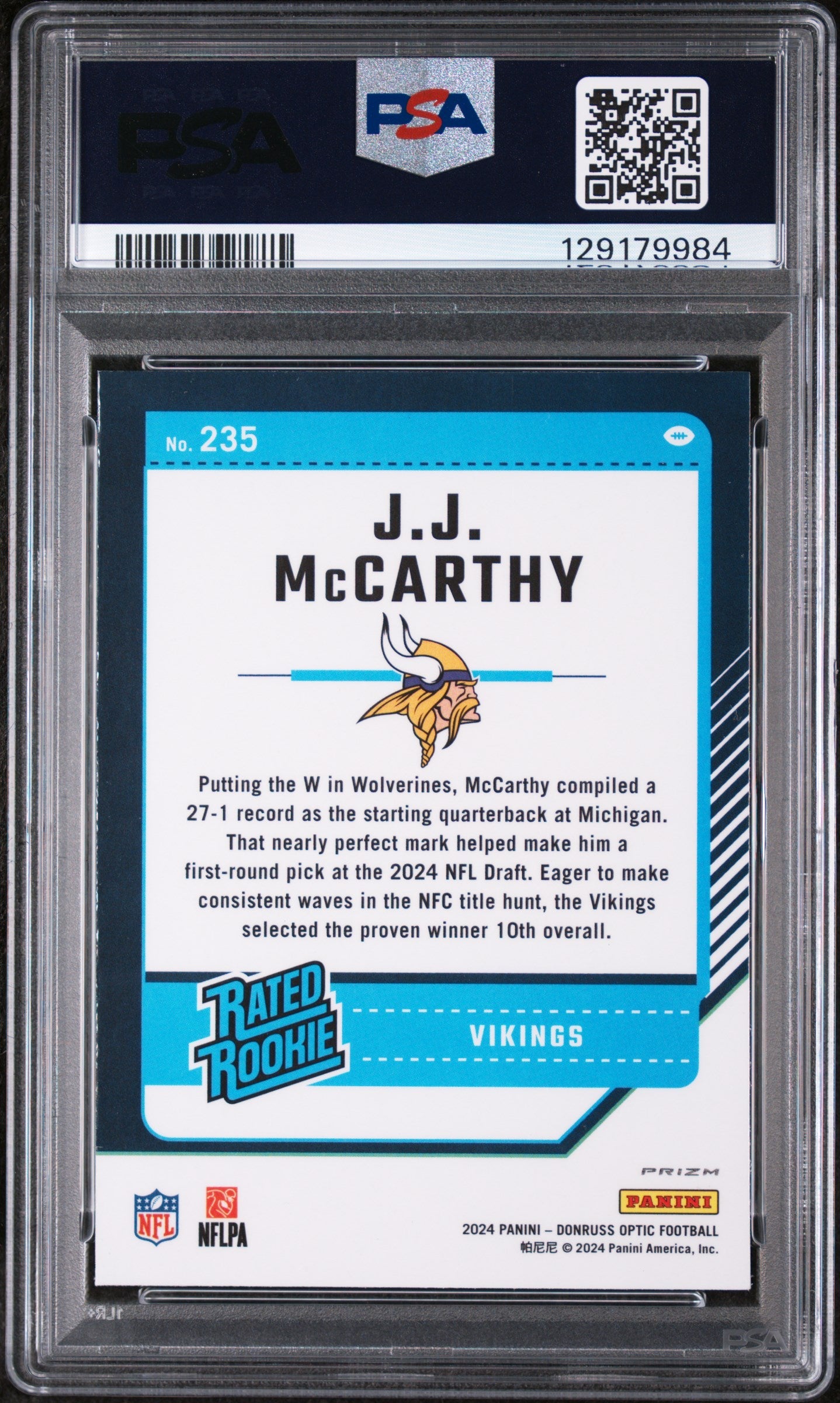 2024 Panini Donruss Optic JJ Mccarthy Blue Scope Rated Rookie #235 PSA 9 MINT - Graded Sports Cards