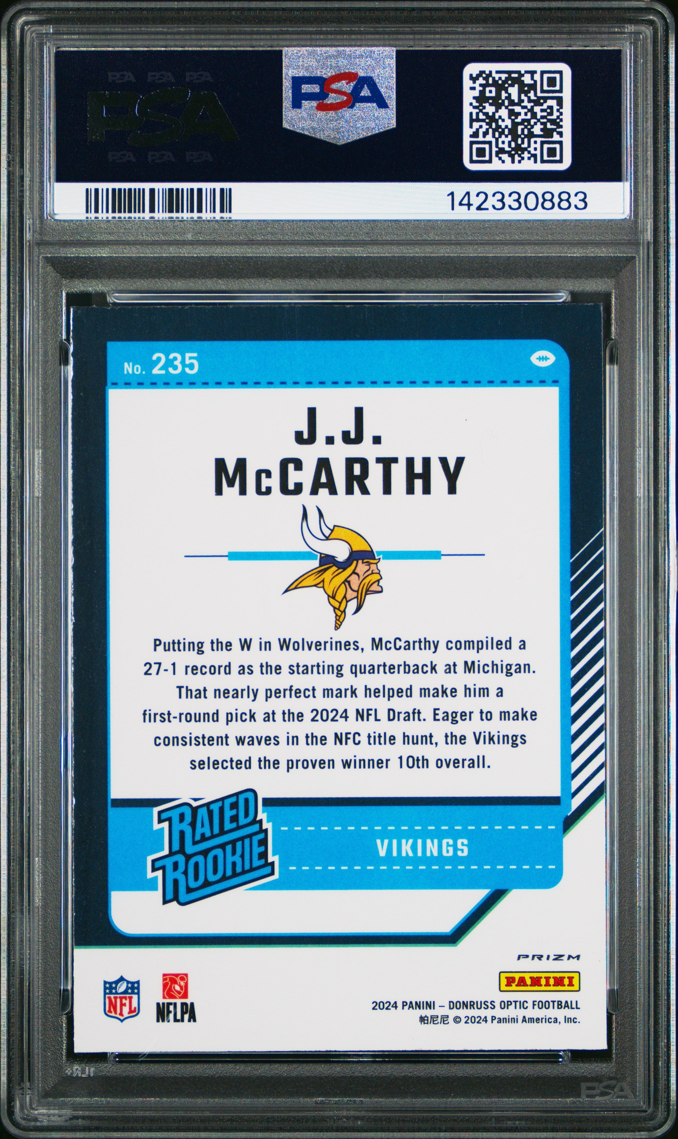 2024 Panini Donruss Optic JJ Mccarthy Green Velocity Rookie 235 PSA 10 GEM MINT - Graded Sports Cards