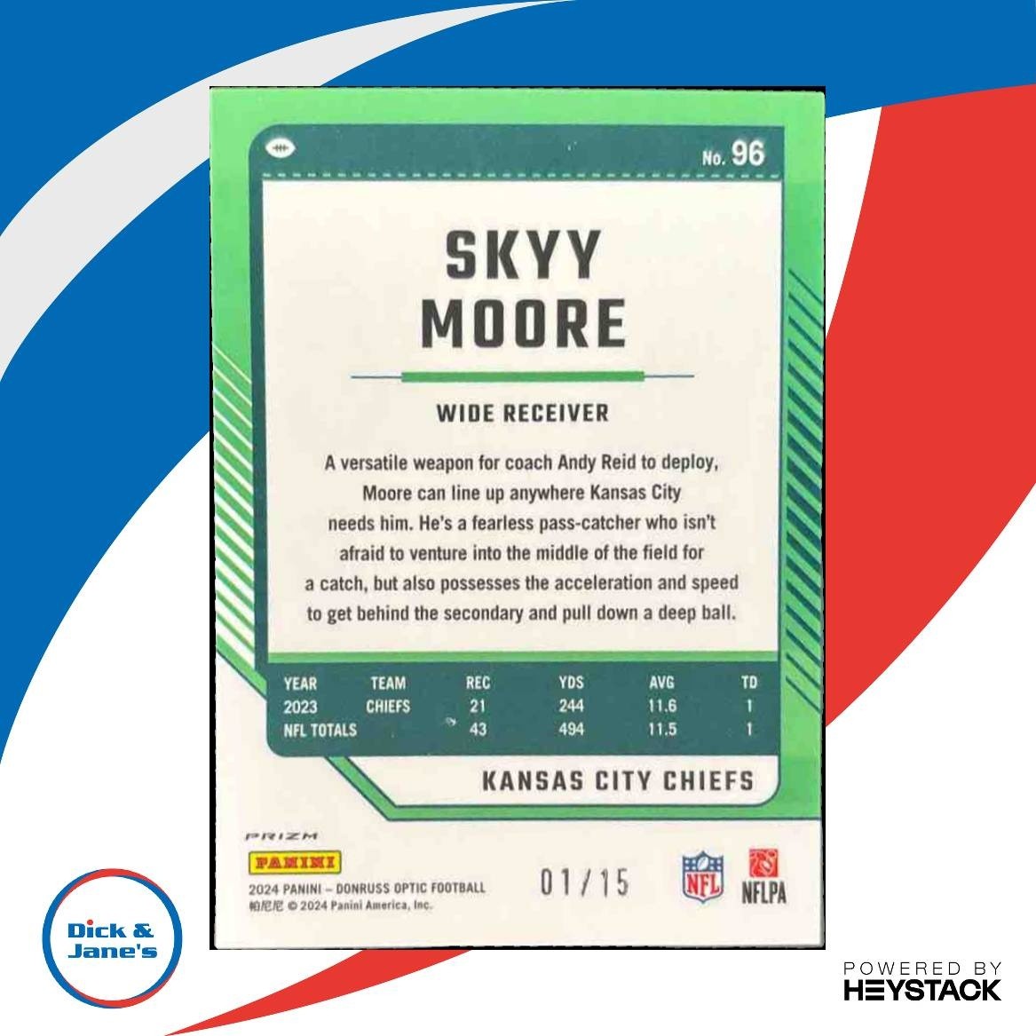 2024 Panini Donruss Optic Skyy Moore Ice 1/15 #96 Kansas City Chiefs BOOK END - Sports Cards