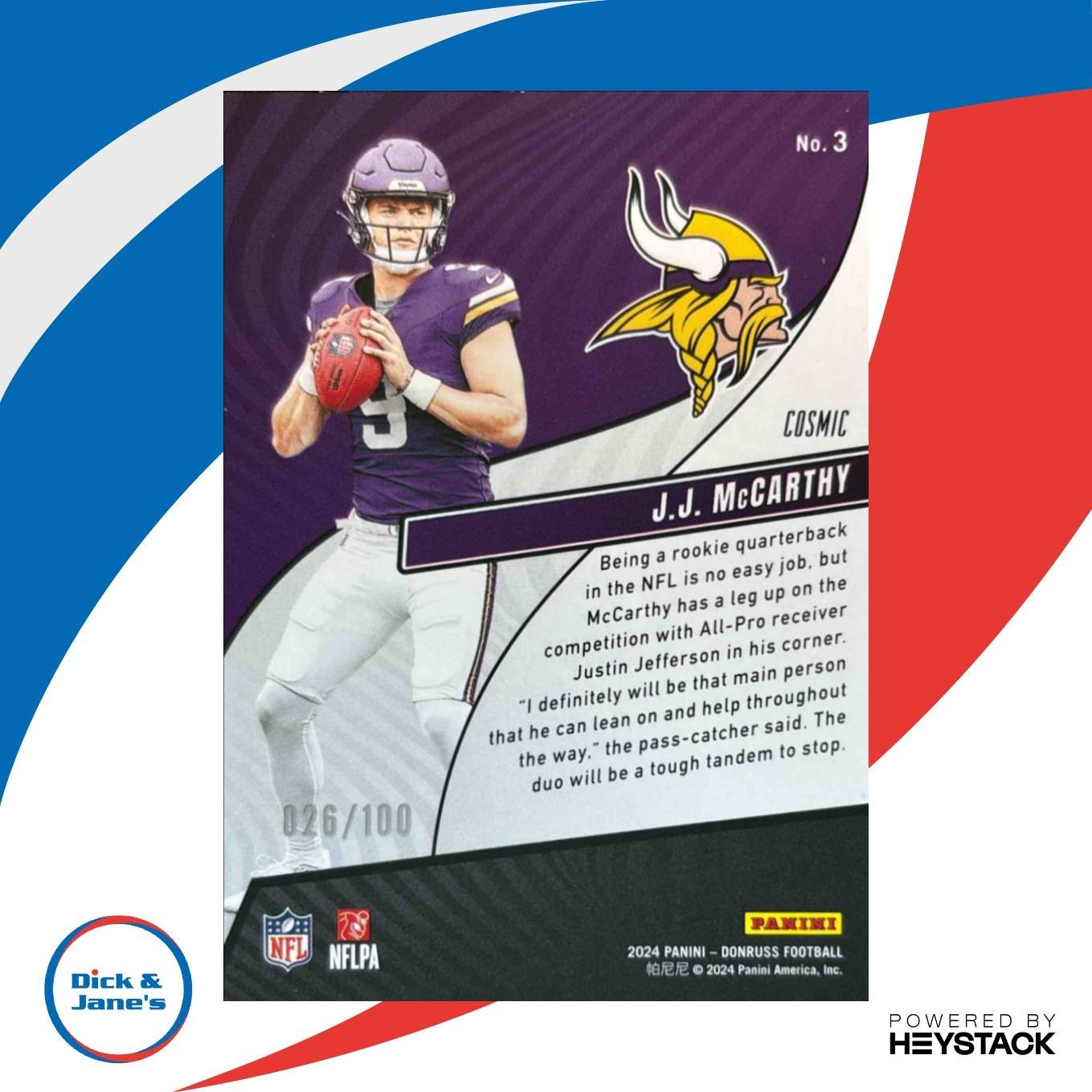 2024 Panini Donruss Rookie Revolution Cosmic J.J. McCarthy /100 #3 RC Vikings - Sports Cards