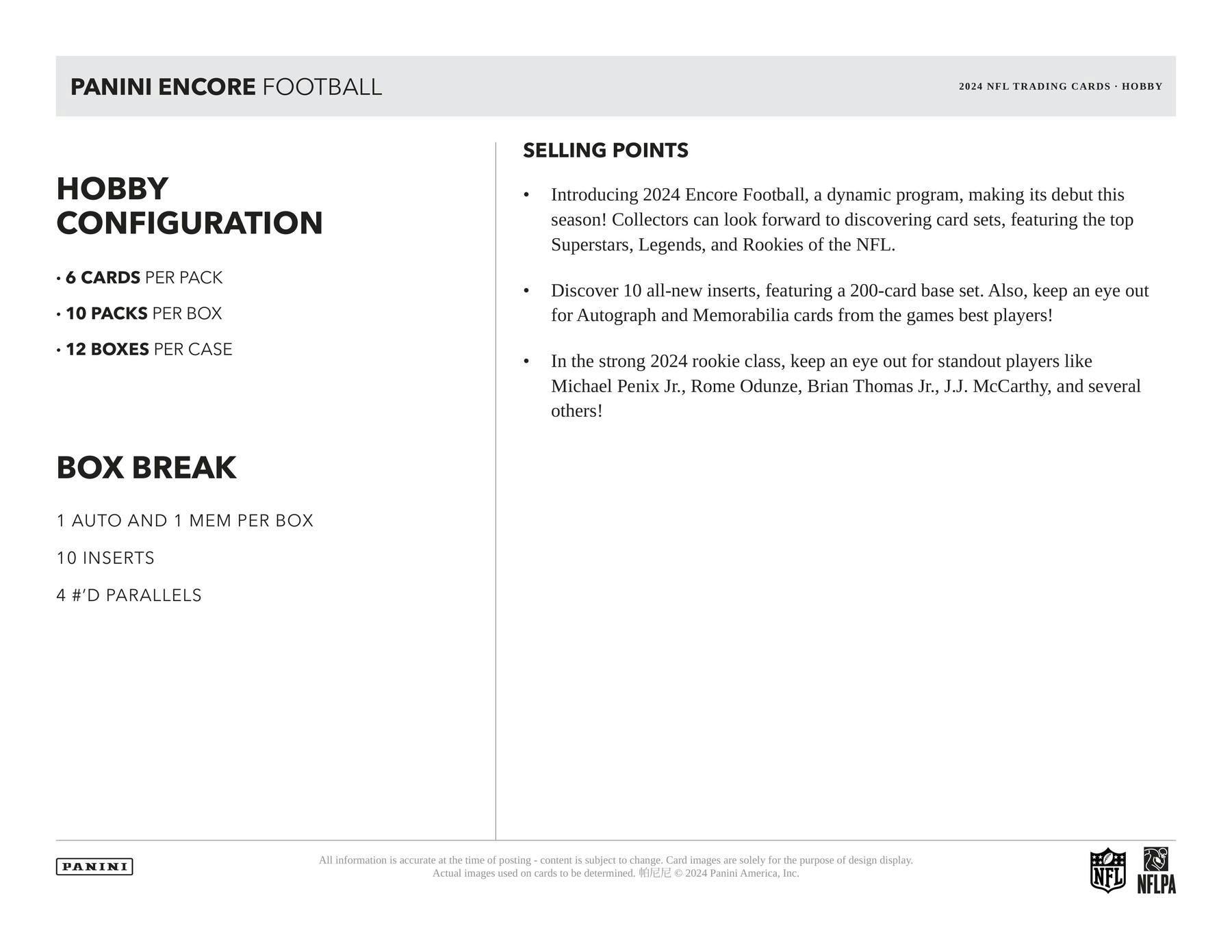 2024 Panini Encore Football Hobby Box (1 Auto and 1 Mem) NFL Hobby Box