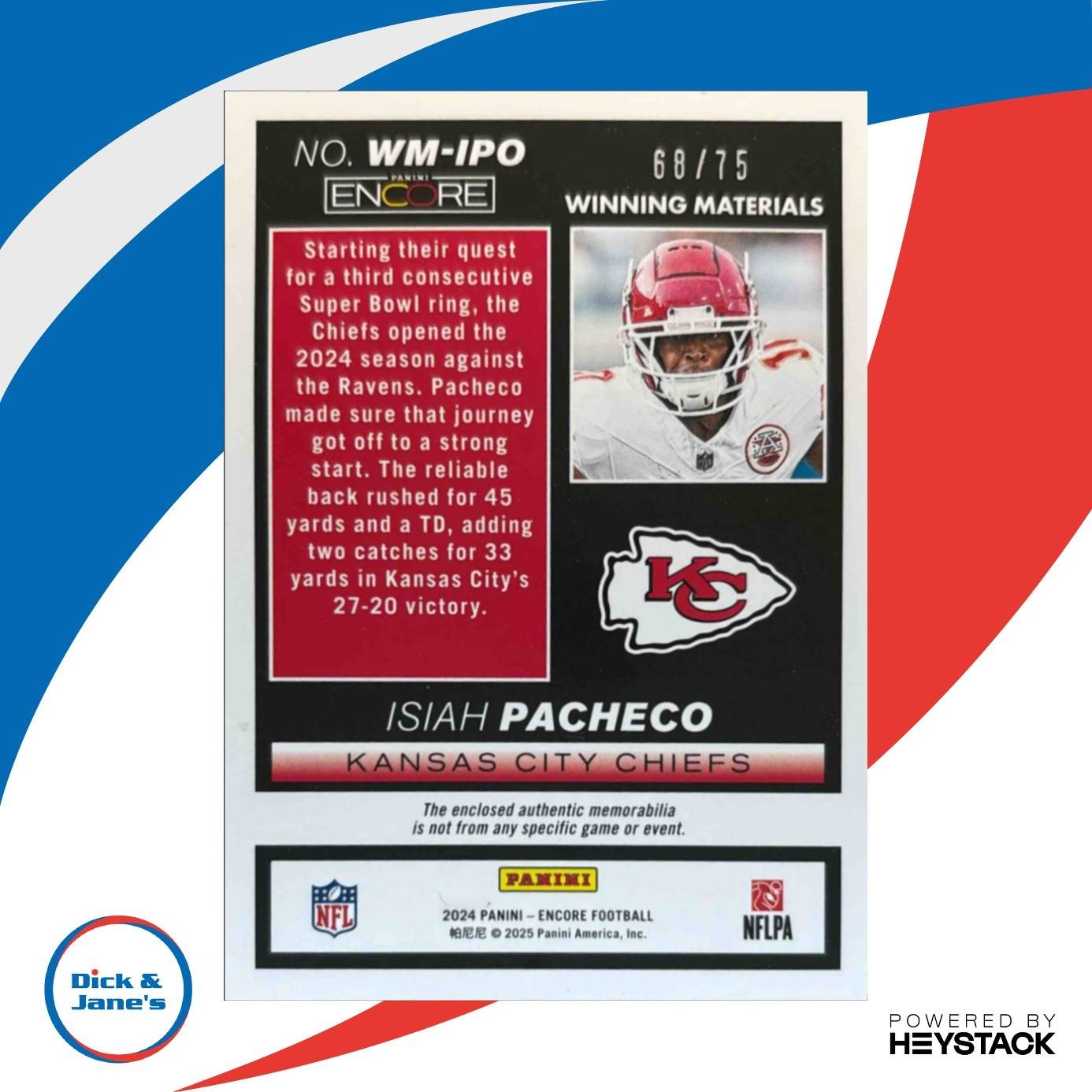 2024 Panini Encore Isiah Pacheco Pinnacle Winning Materials Red TRI /75 Chiefs - Sports Cards