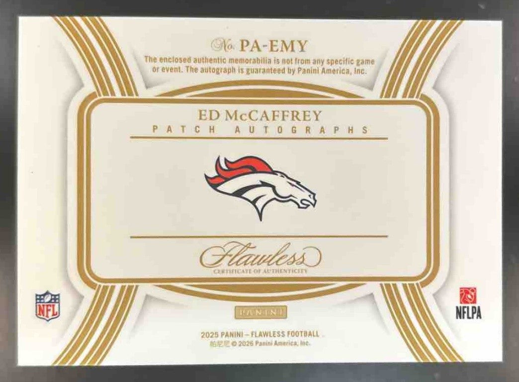 2024 Panini Flawless Ed McCaffrey Patch Auto /15 Tri Color MEM Denver Broncos - Sports Cards