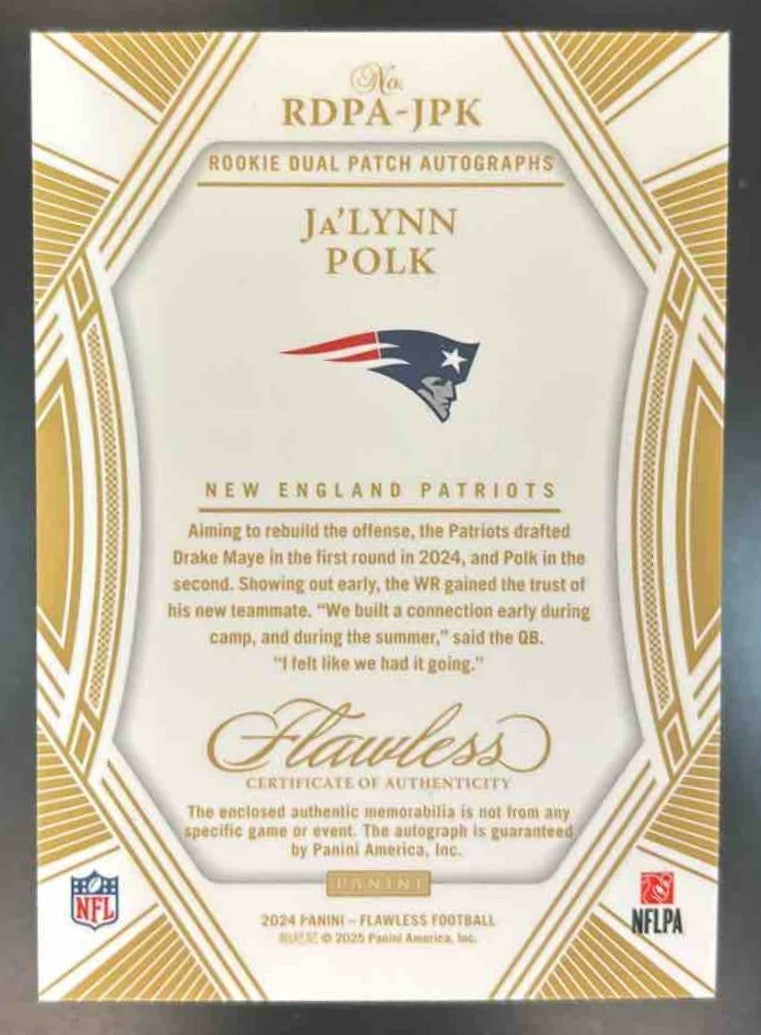 2024 Panini Flawless Ja’Lynn Polk Dual Patch Auto /20 MEM RC New England Patriot - Sports Cards