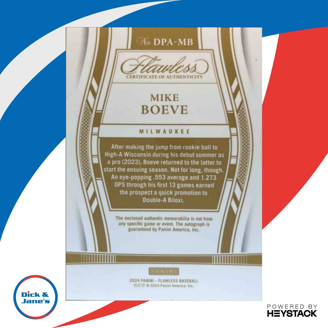 2024 Panini Flawless Mike Boeve Draft Patch Auto Gold 5/10 Milwaukee Brewers - Sports Cards