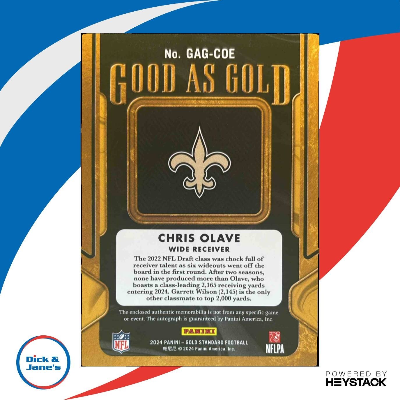 2024 Panini Gold Standard Chris Olave Good as Gold Patch Auto /24 MEM Saints - Sports Cards