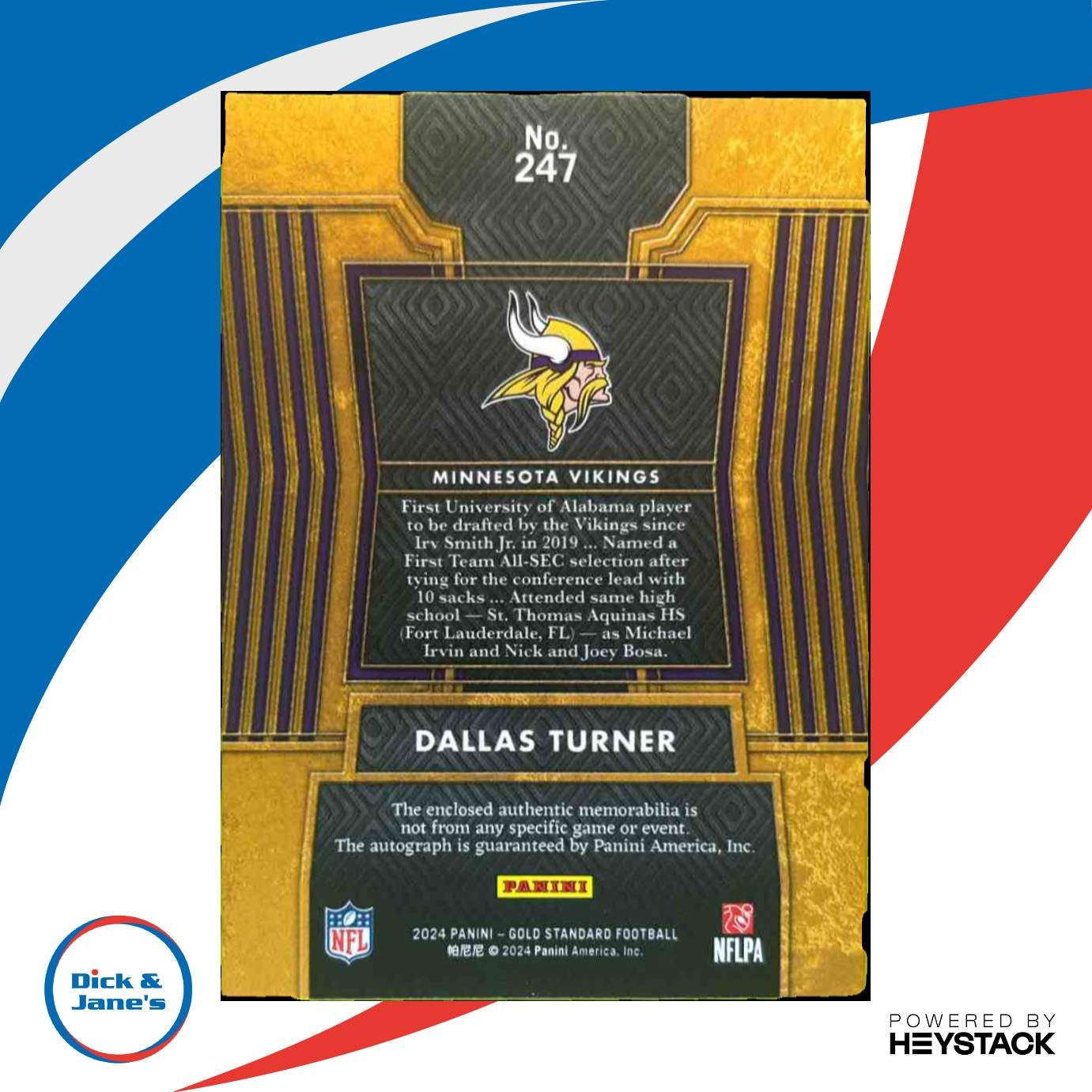 2024 Panini Gold Standard Dallas Turner White /75 #247 MEM RC Auto Vikings - Sports Cards