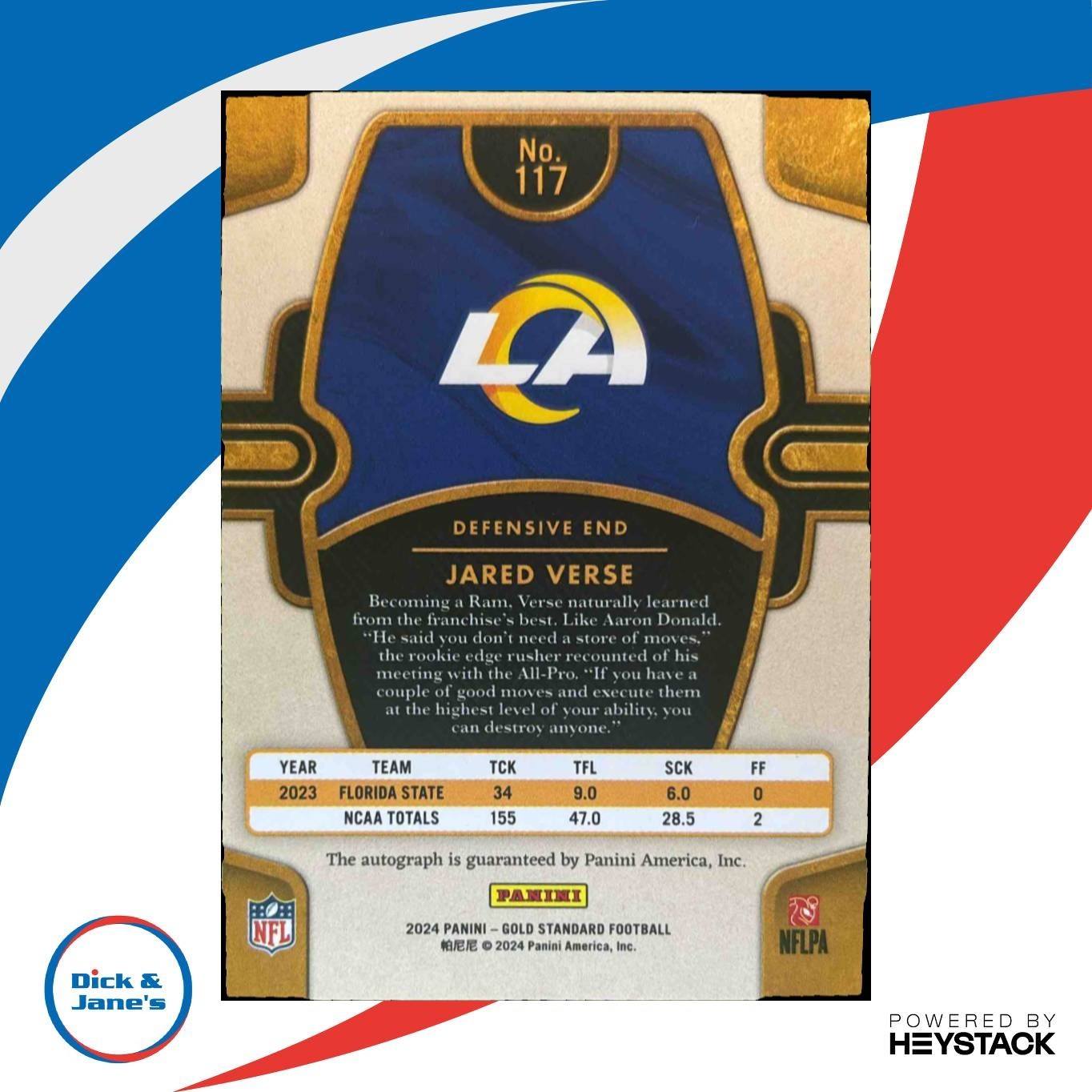 2024 Panini Gold Standard Jared Verse Auto 83/199 #117 RC Los Angeles Rams - Sports Cards