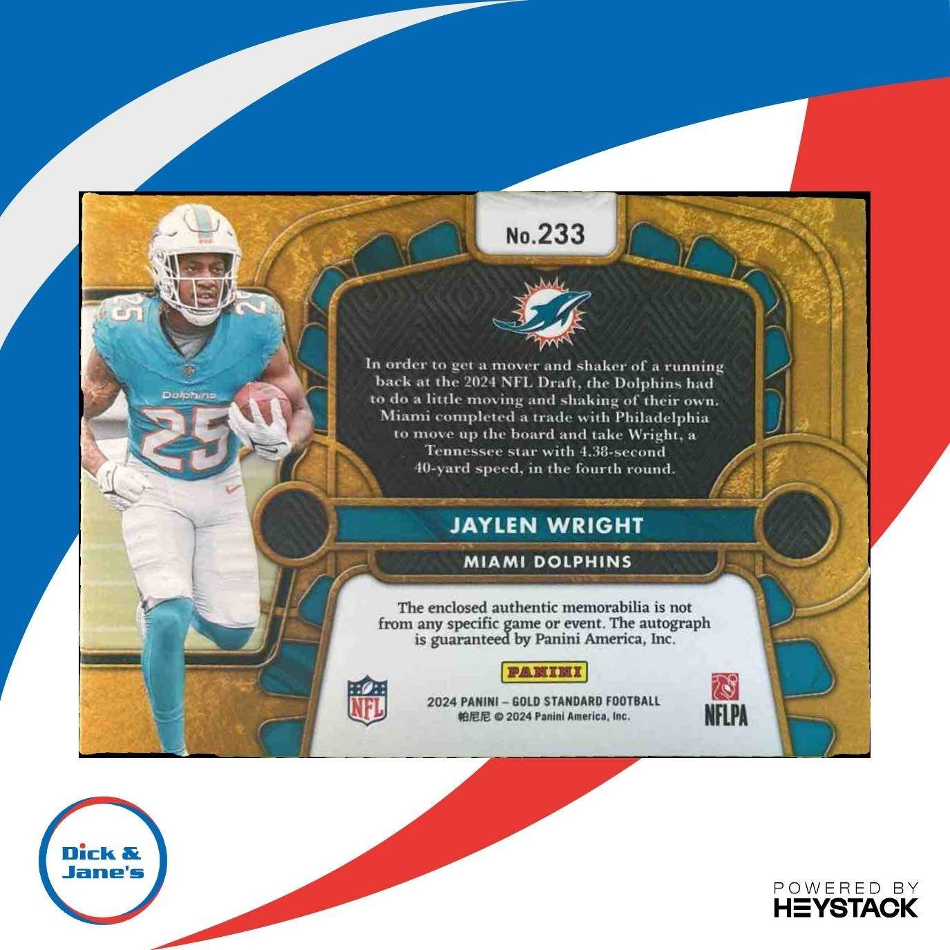 2024 Panini Gold Standard Jaylen Wright Patch Auto /299 RC Miami Dolphins - Sports Cards