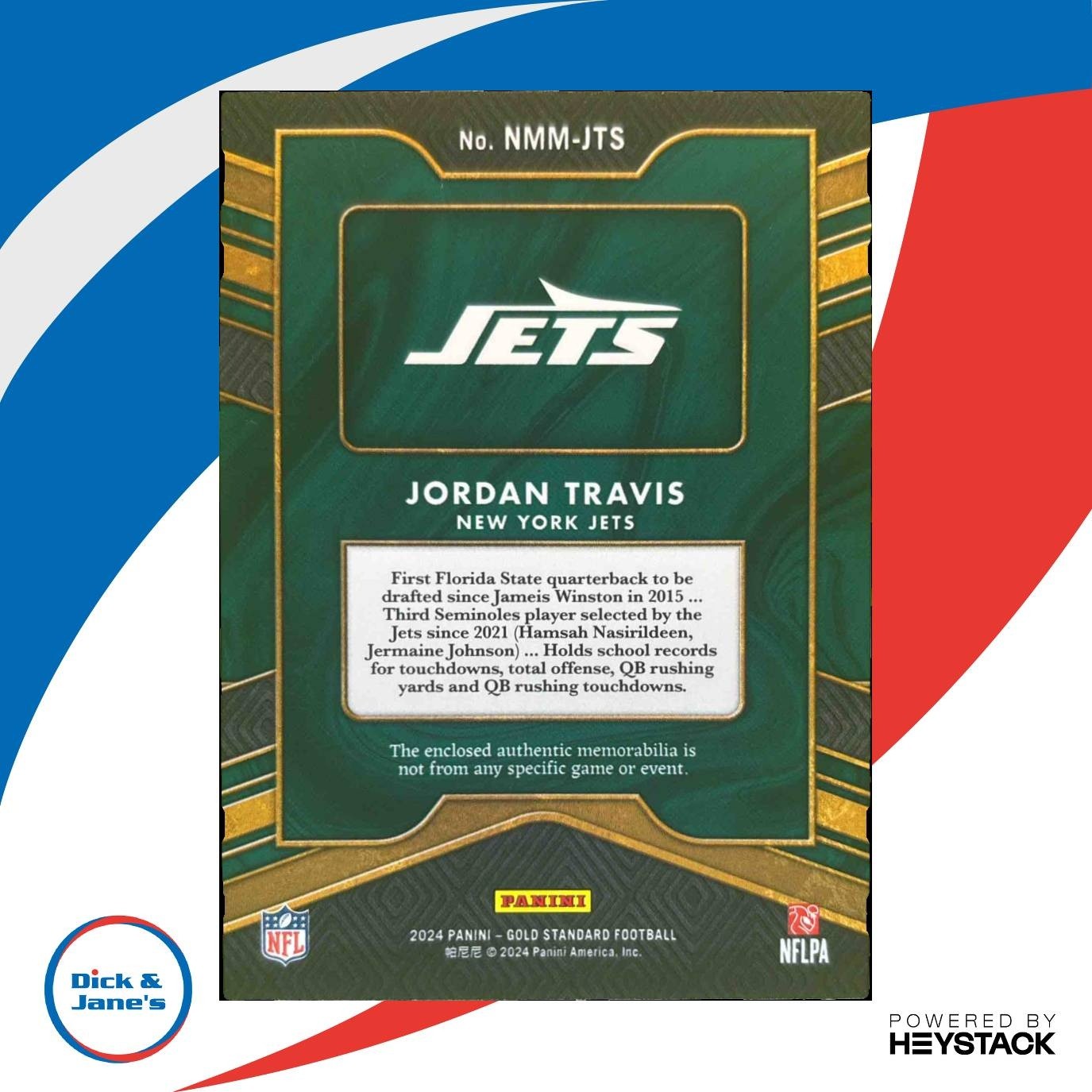 2024 Panini Gold Standard Jordan Travis Newly Minted White Patch /75 MEM RC Jets - Sports Cards