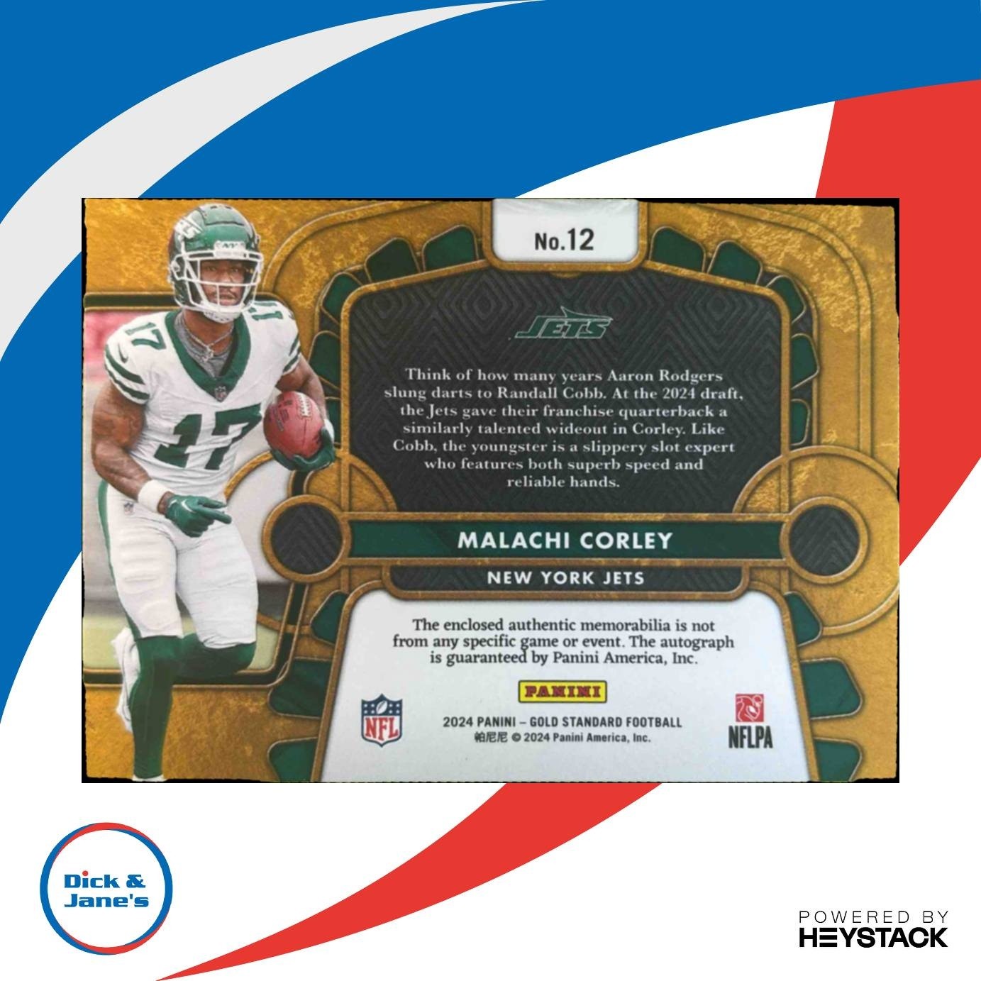 2024 Panini Gold Standard Malachi Corley Rookie Auto Triple Patch 1/49 RC Jets - Sports Cards