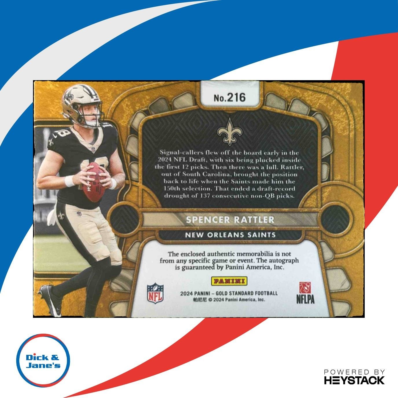 2024 Panini Gold Standard Spencer Rattler Patch Auto /199 #216 MEM RC Saints - Sports Cards
