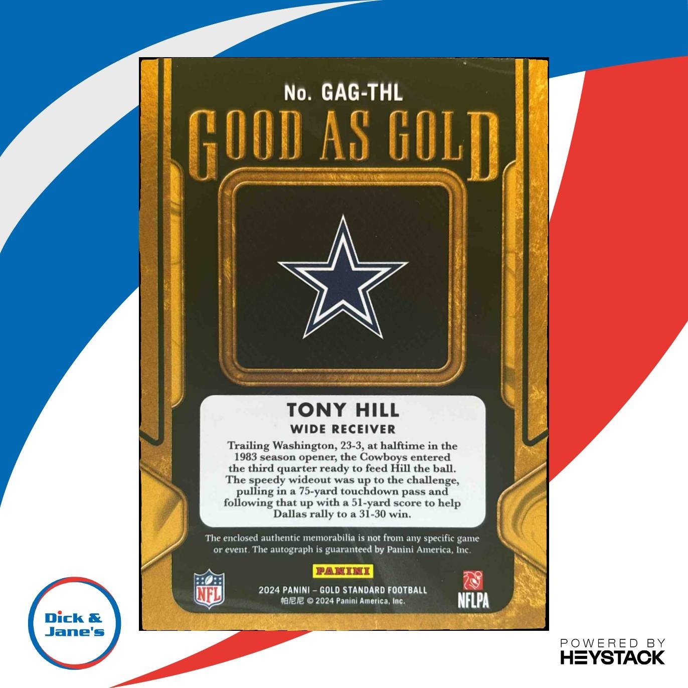 2024 Panini Gold Standard Tony Hill Good as Gold Patch Auto /49 Dallas Cowboys - Sports Cards