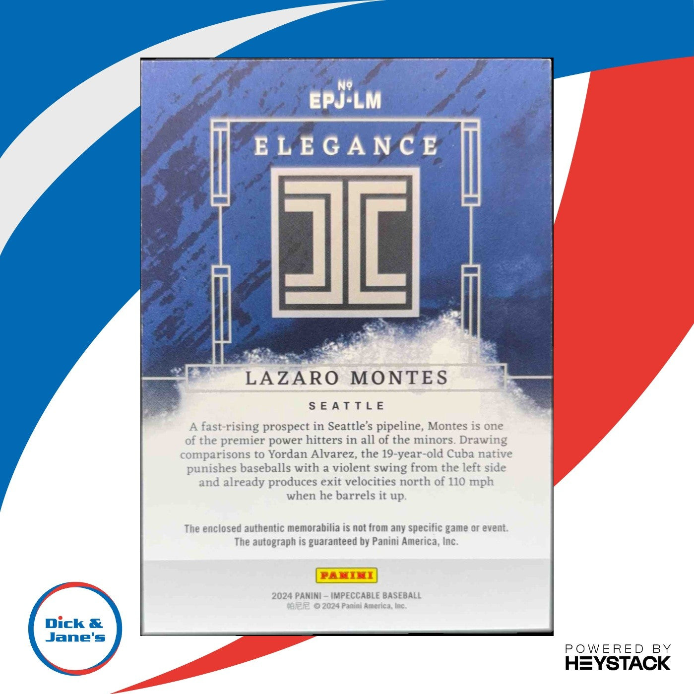 2024 Panini Impeccable Lazaro Montes Elegance Prospect Jersey Auto 43/99 Seattle - Sports Cards