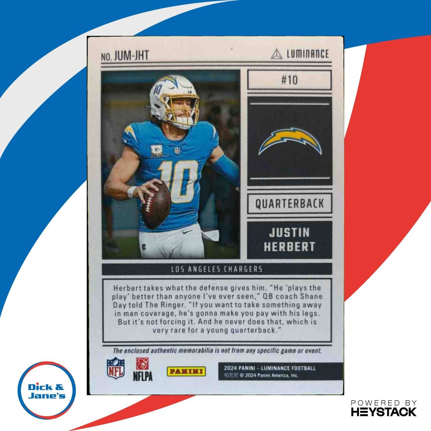 2024 Panini Luminance Justin Herbert Jumbo #JUM-JHT MEM Los Angeles Chargers - Sports Cards
