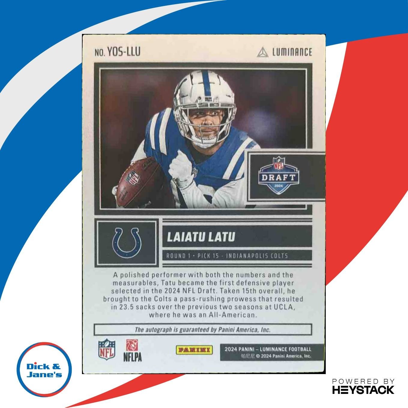2024 Panini Luminance Laiatu Latu Year One Signatures RPS Auto RC Colts - Sports Cards