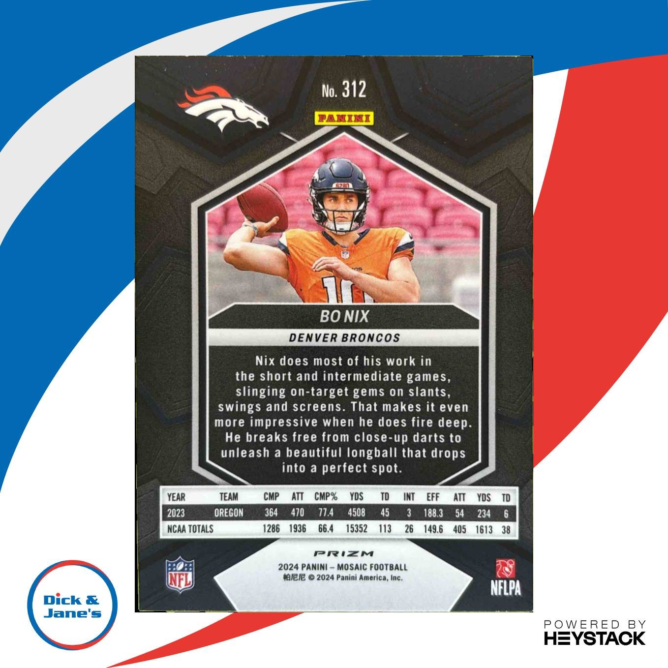 2024 Panini Mosaic Bo Nix Silver Prizm #312 RC Denver Broncos - Sports Cards