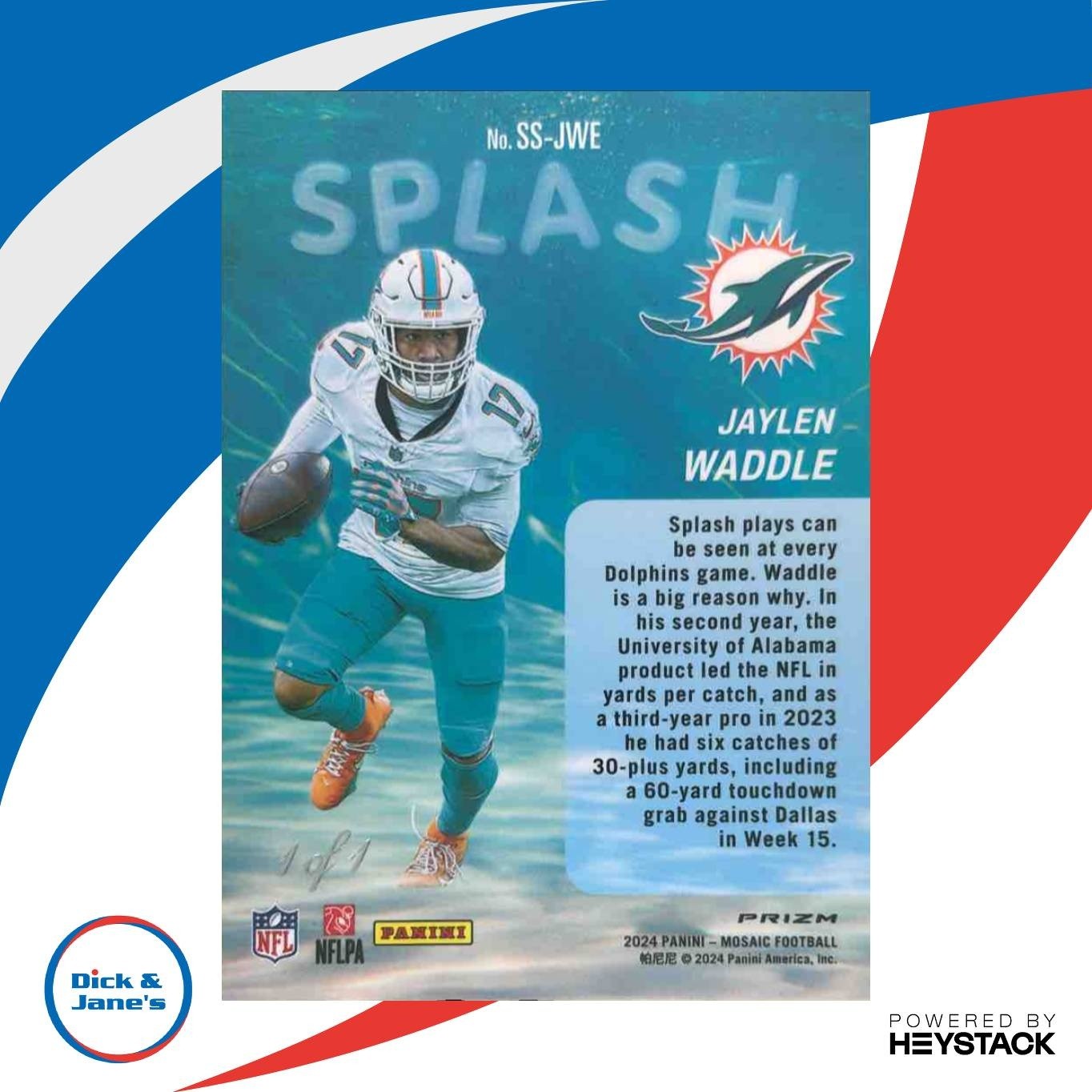 2024 Panini Mosaic Jaylen Waddle Splash Black 1/1 #SS-JWE Miami Dolphins TRUE /1 - Sports Cards