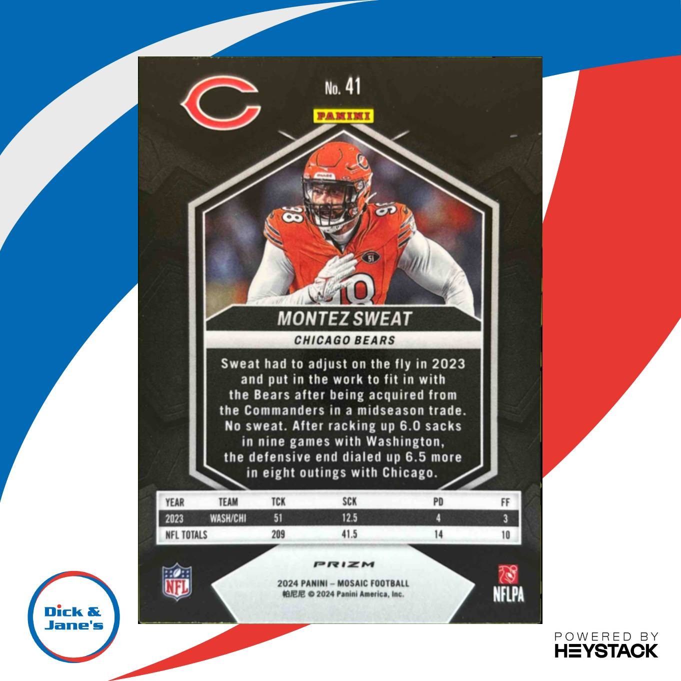 2024 Panini Mosaic Montez Sweat Reactive Blue Prizm #41 Chicago Bears - Sports Cards
