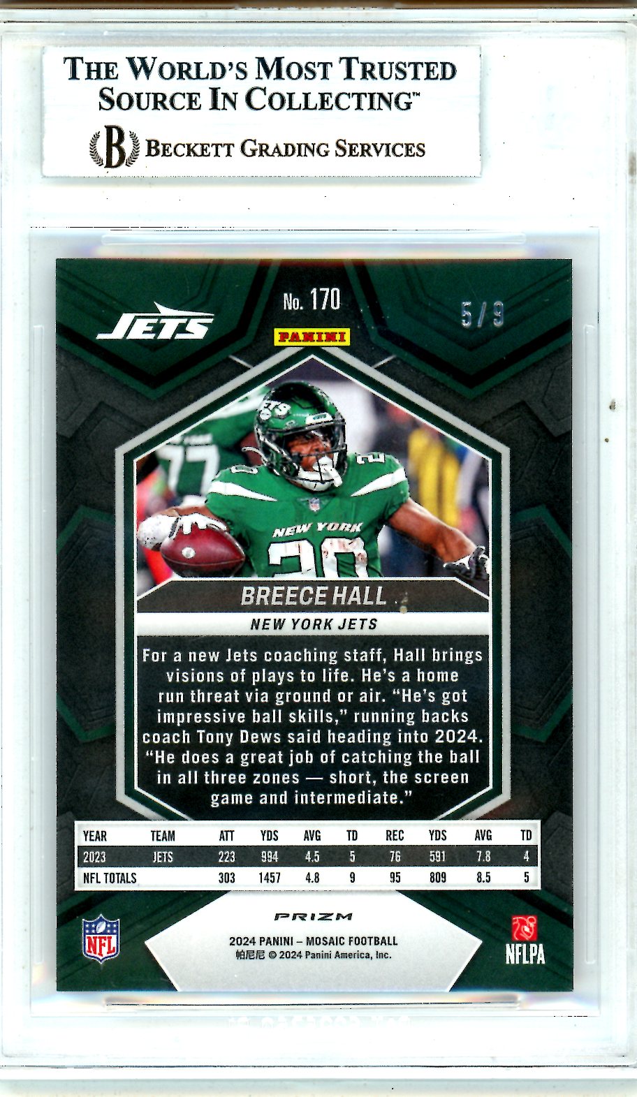 2024 Panini Mosaic Mosaic Red Wave Breece Hall 5/9 #170 BGS 9 New York Jets - Graded Sports Cards