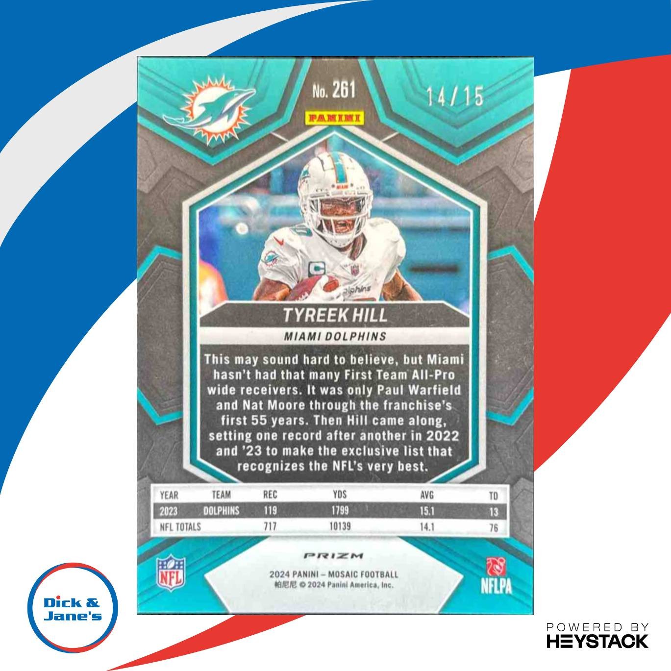 2024 Panini Mosaic Tyreek Hill Blue Fluorescent Prizm 14/15 #261 Miami Dolphins - Sports Cards