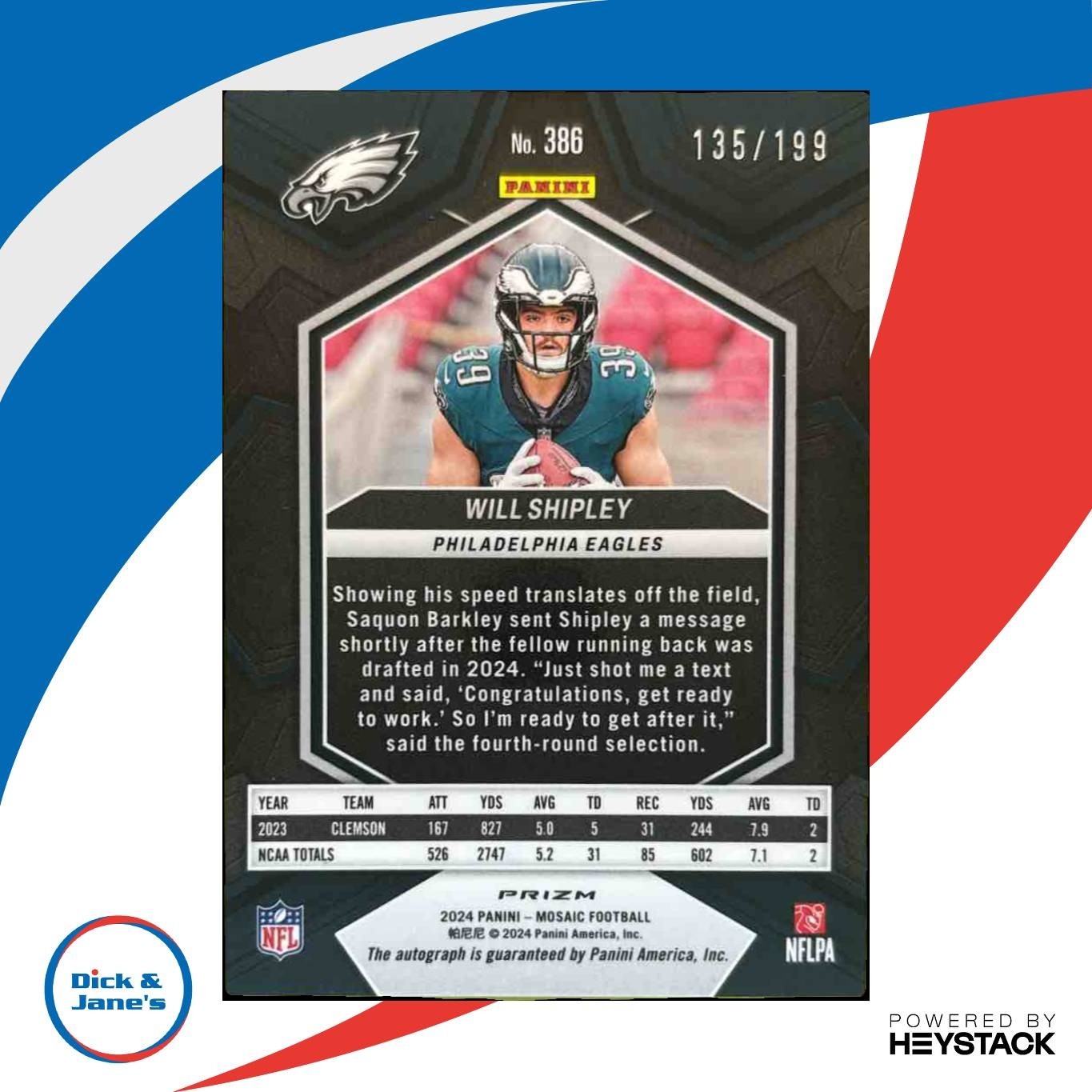 2024 Panini Mosaic Will Shipley Rookie Auto Red /199 #386 RC Philadelphia Eagles - Sports Cards