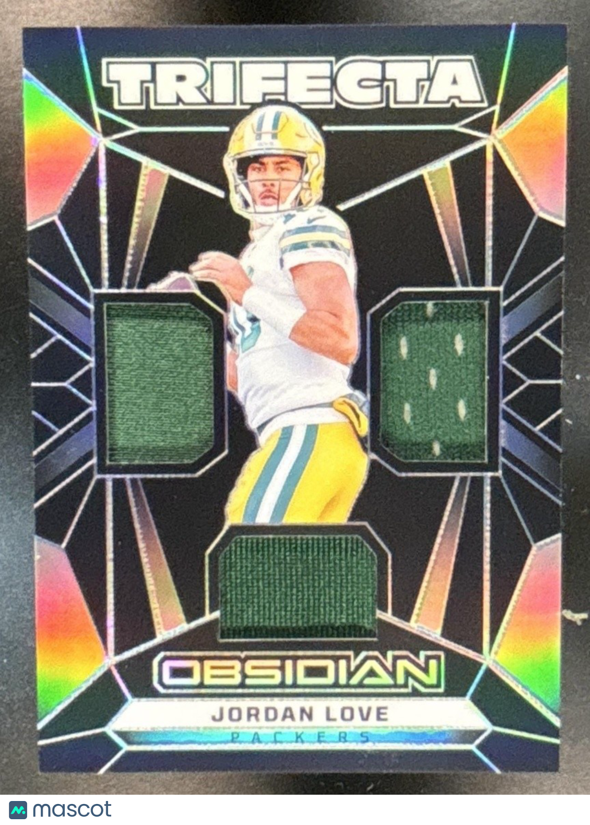 2024 Panini Obsidian Jordan Love Trifecta Swatches #TS-JLE MEM Green Bay Packers - Sports Cards