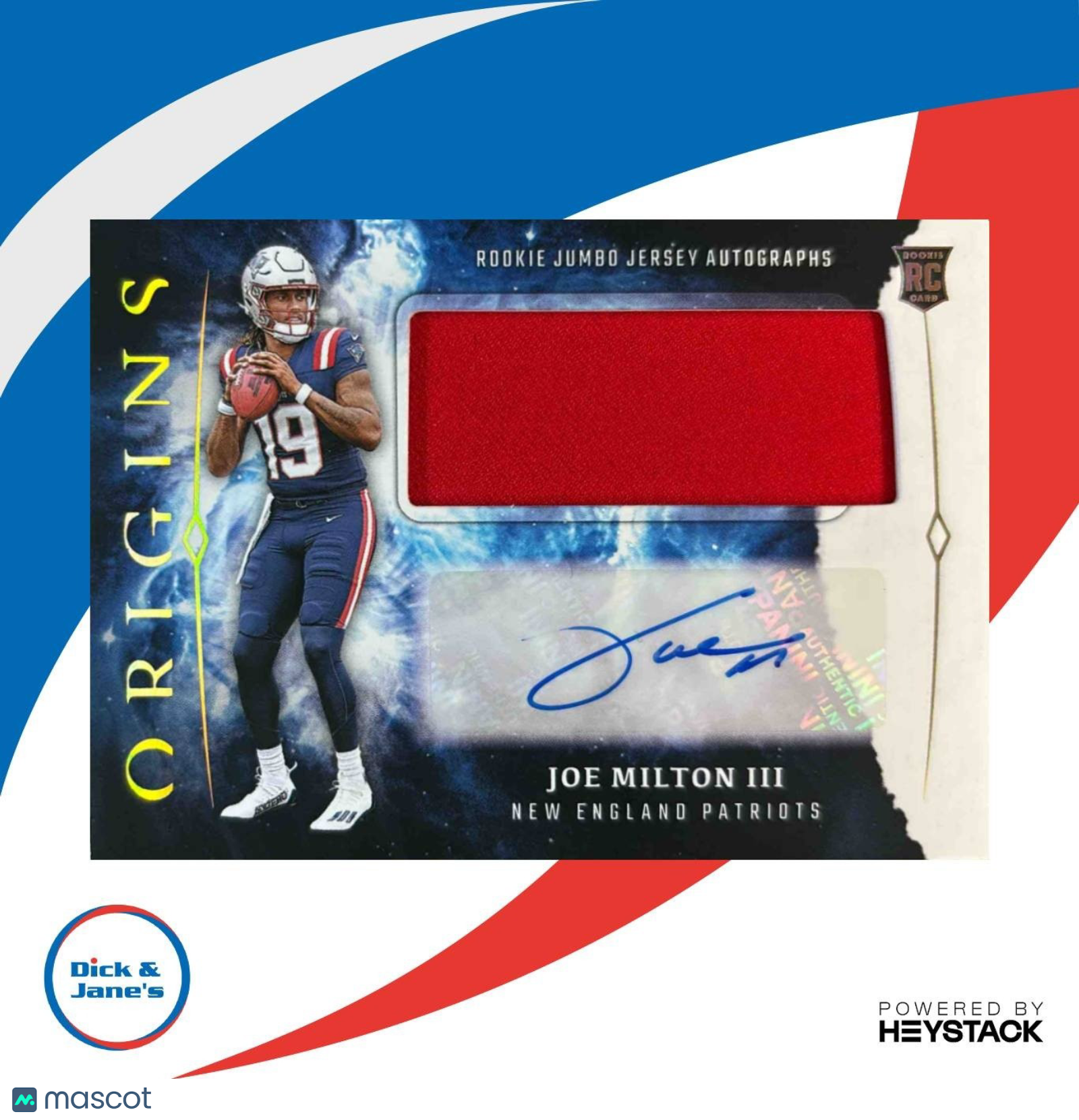 2024 Panini Origins Joe Milton III Rookie Jumbo Jersey Auto New England Patriots - Sports Cards