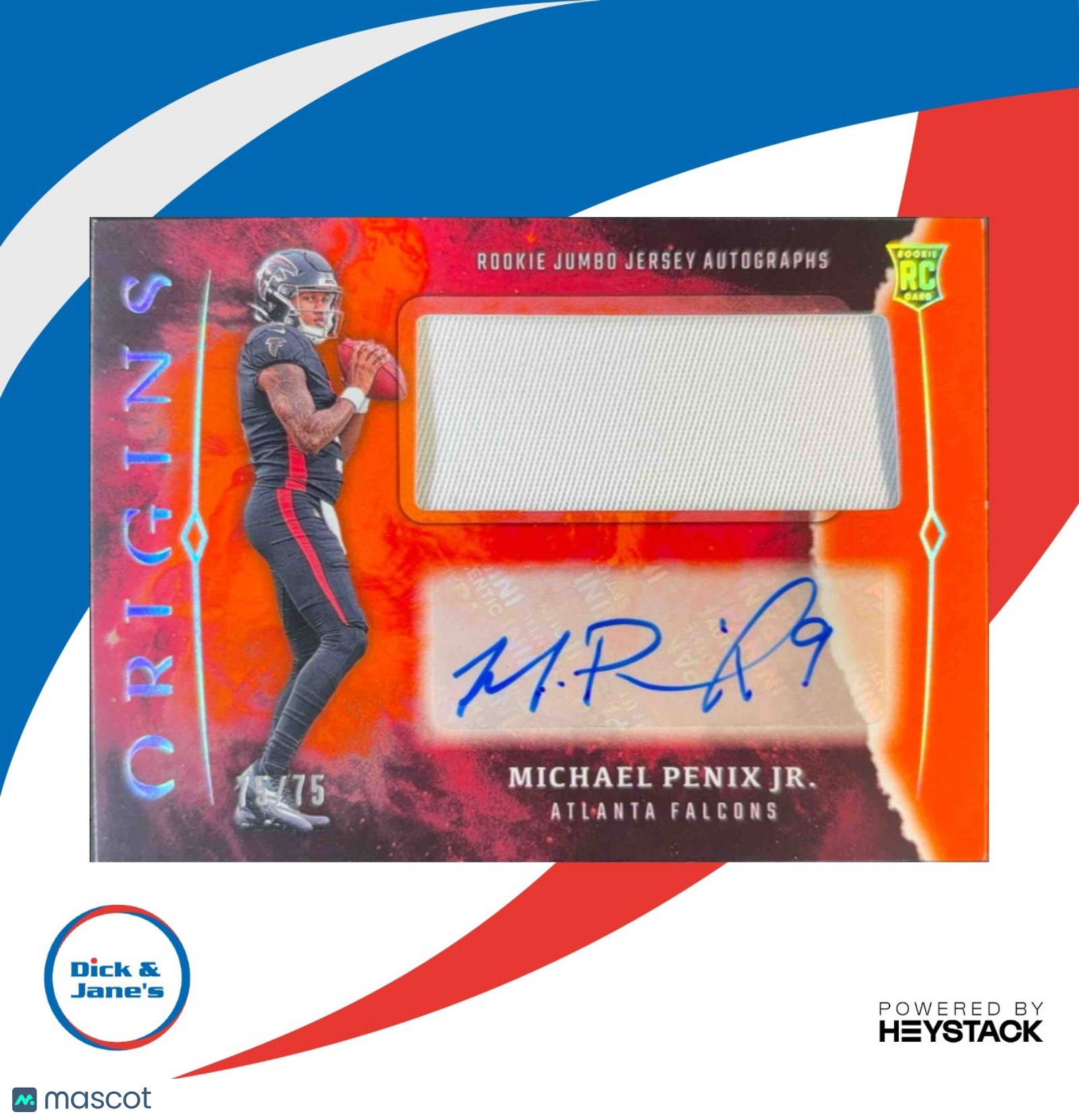 2024 Panini Origins Michael Penix Jr Rookie Jumbo Jersey Auto Orange Patch 75/75 - Sports Cards