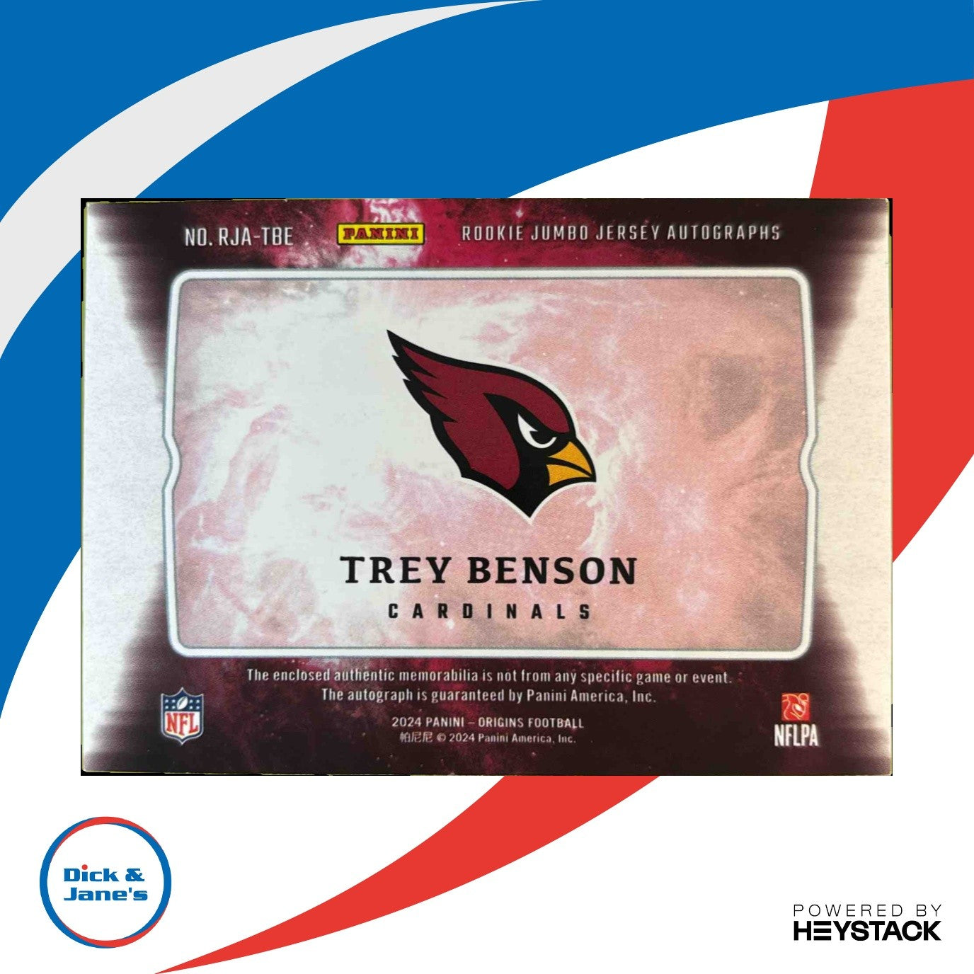 2024 Panini Origins Trey Benson Rookie Jumbo Jersey Auto RC Arizona Cardinals - Sports Cards