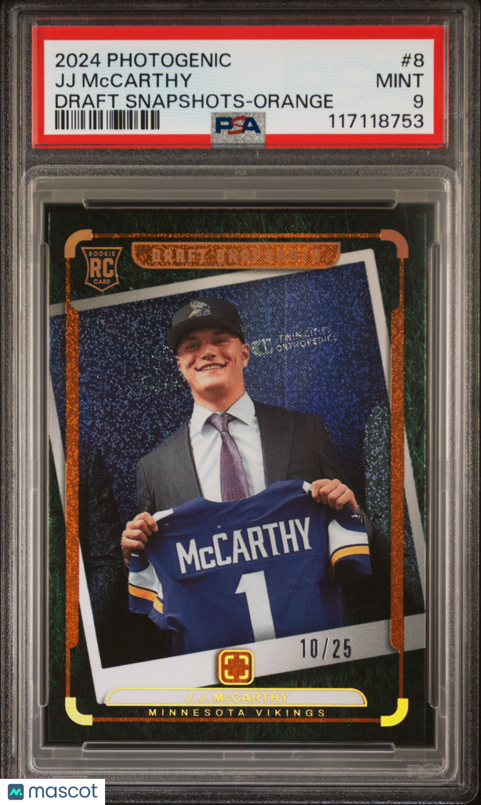 2024 Panini Photogenic Draft Snapshots JJ Mccarthy Orange 10/25 #8 PSA 9 - Graded Sports Cards