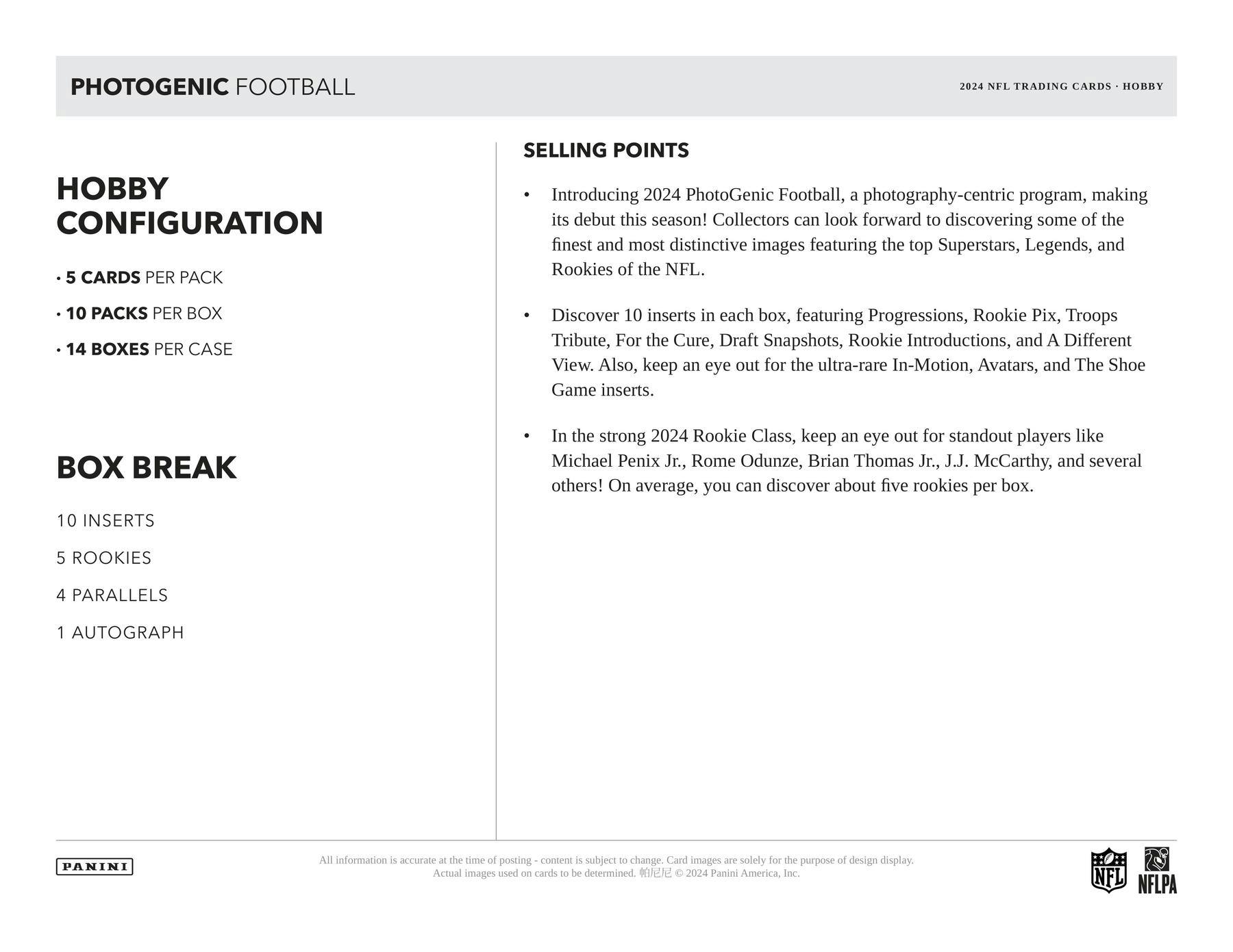 2024 Panini Photogenic Football Hobby Box (1 Auto) Debut Edition - NFL Hobby Box