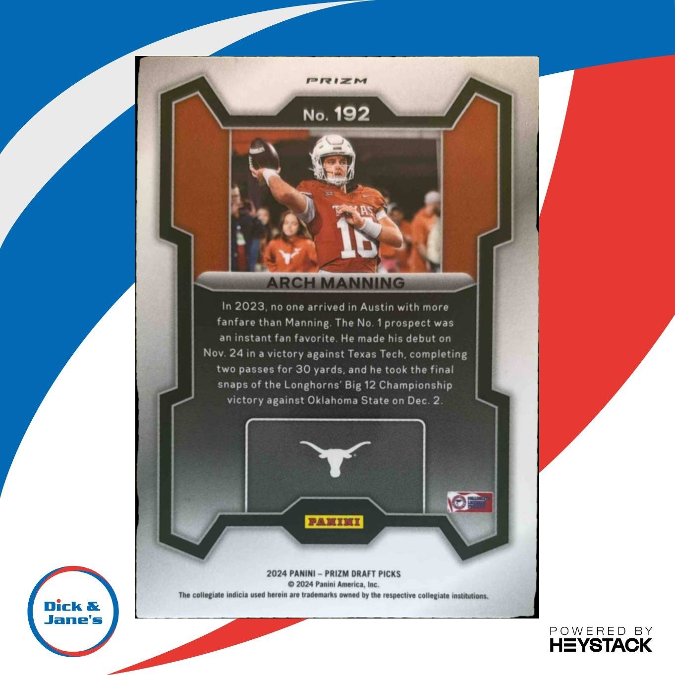 2024 Panini Prizm Collegiate Arch Manning Ruby Wave #192 Texas Longhorns - Sports Cards